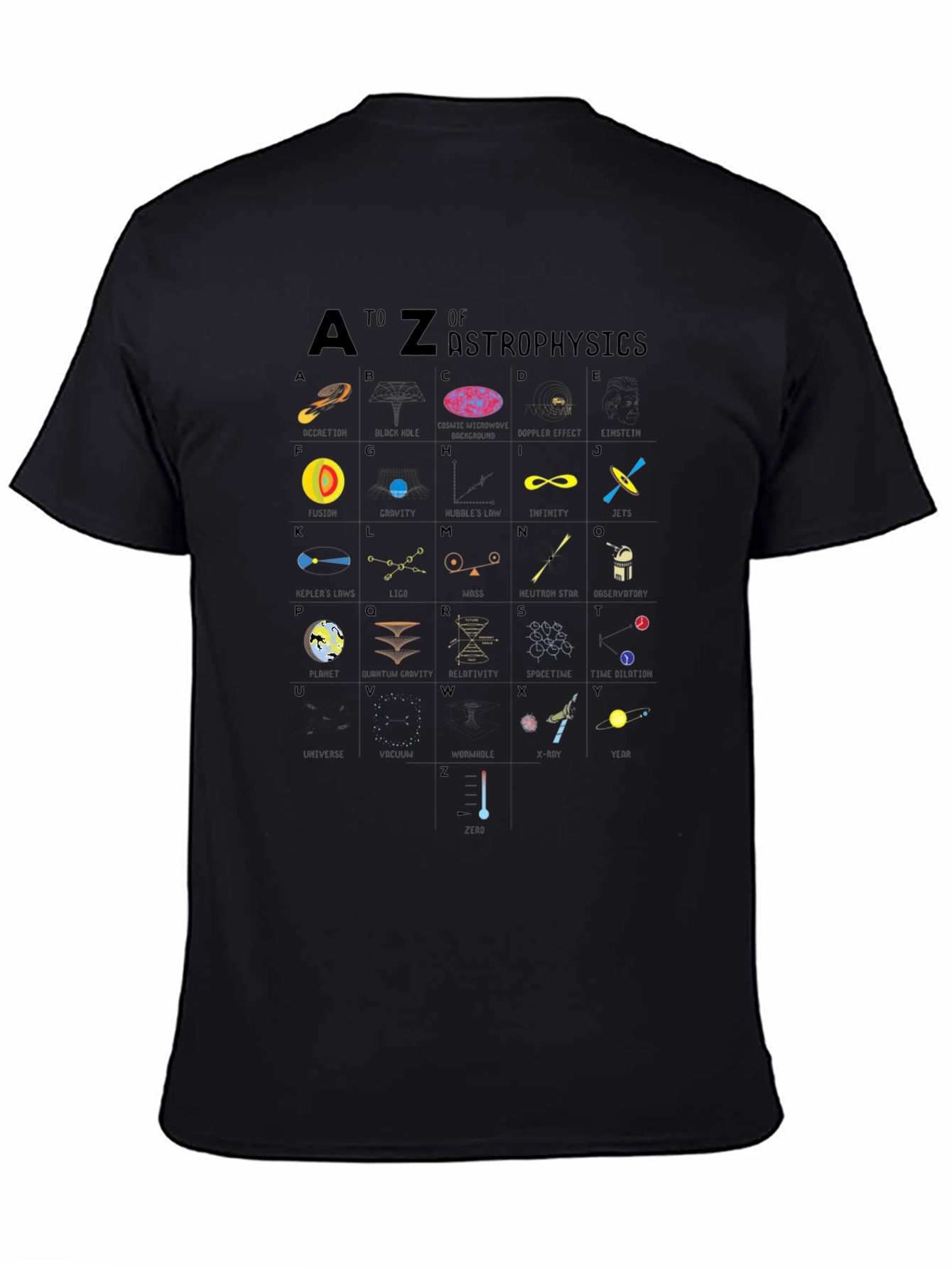 Camiseta Negra con Diseño de Alfabeto de Astrofísica