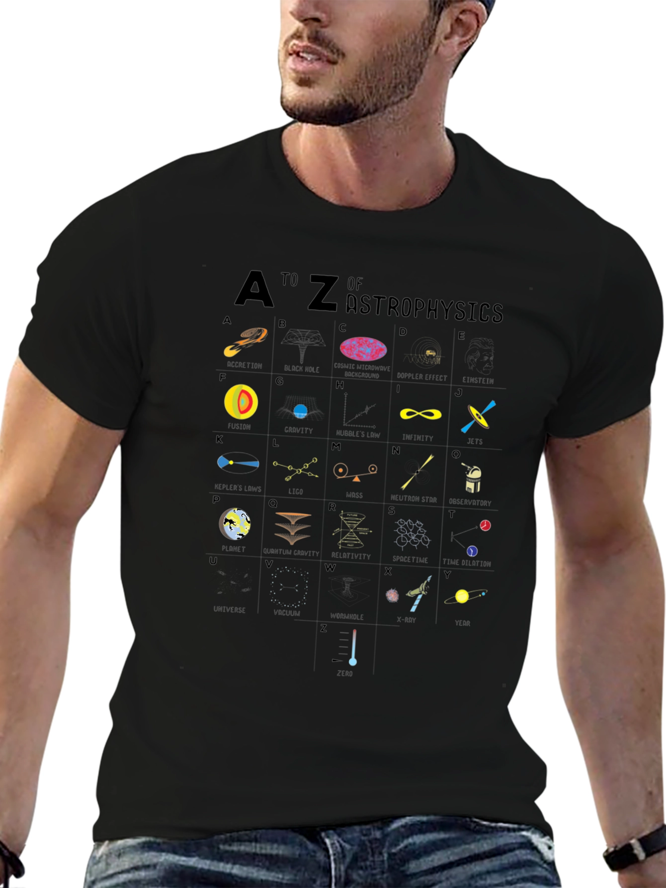 Camiseta Negra con Diseño de Alfabeto de Astrofísica
