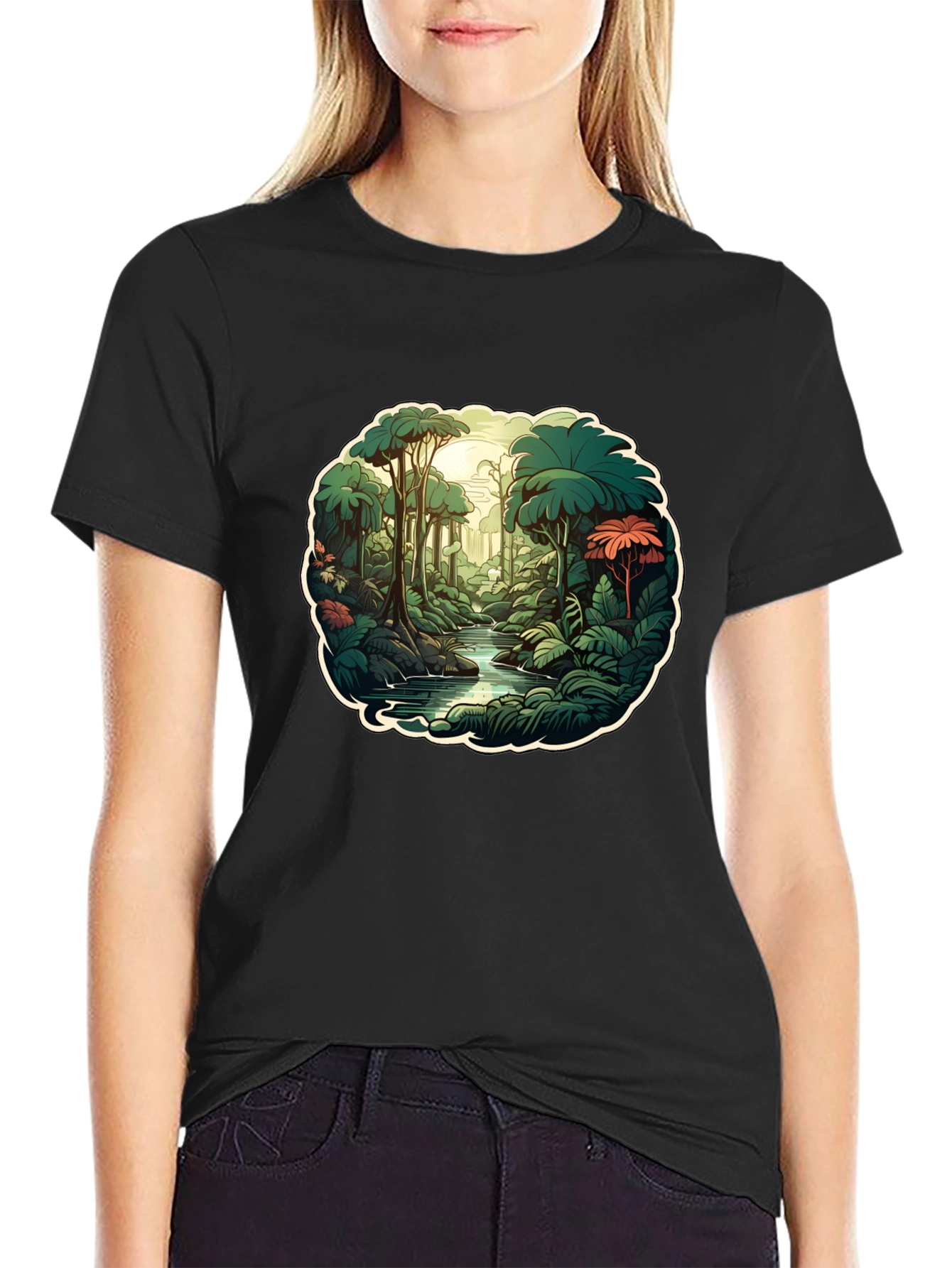 Camiseta Negra con Diseño de Jungla Tropical