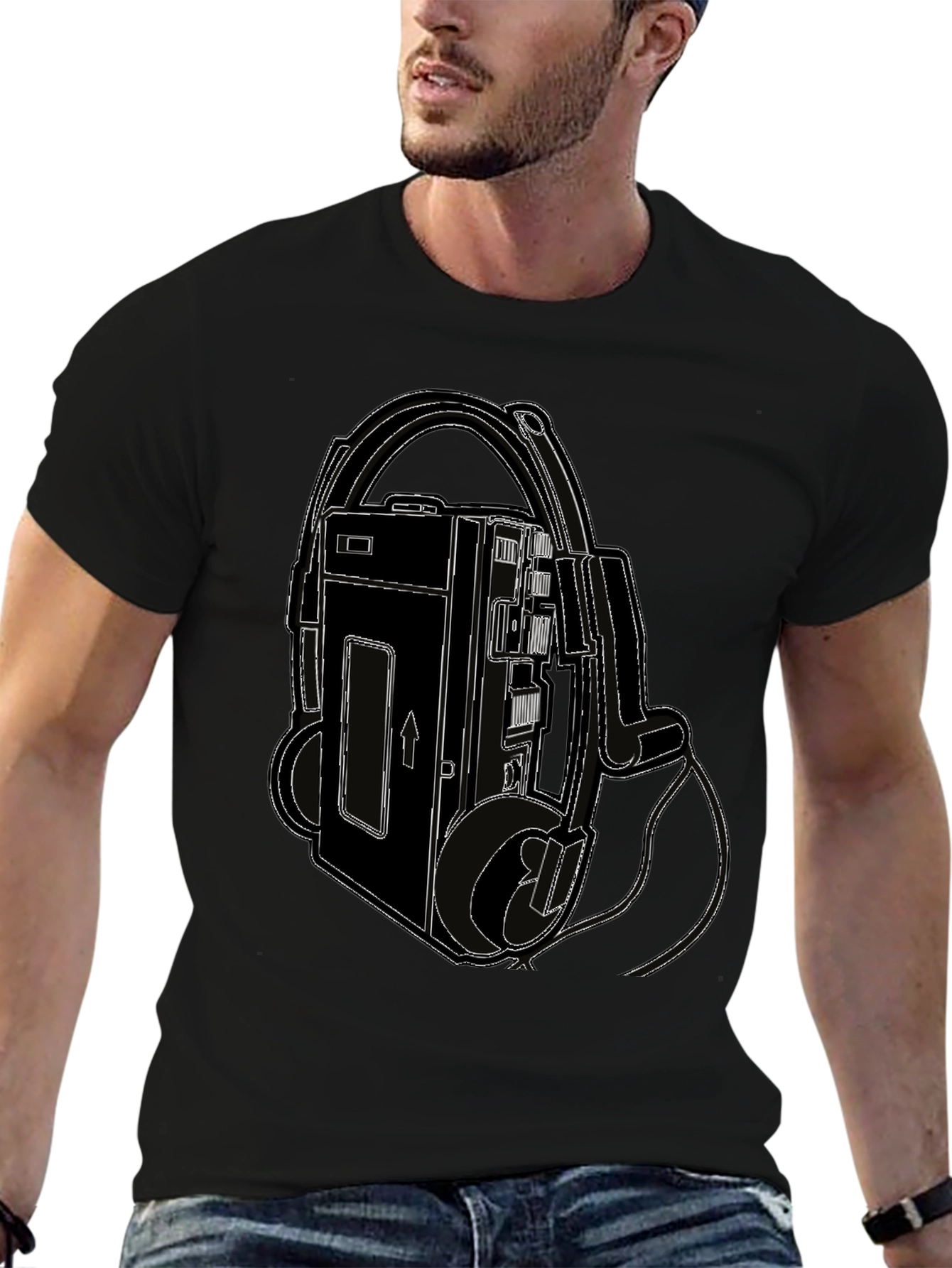 Camiseta Negra con Diseño Retro de Walkman