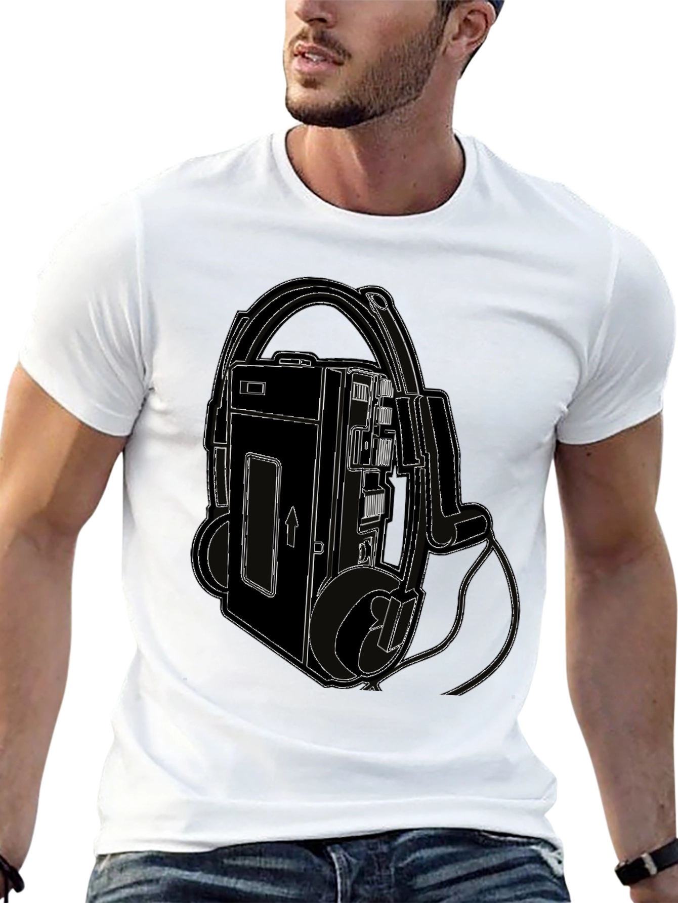 Camiseta Negra con Diseño Retro de Walkman