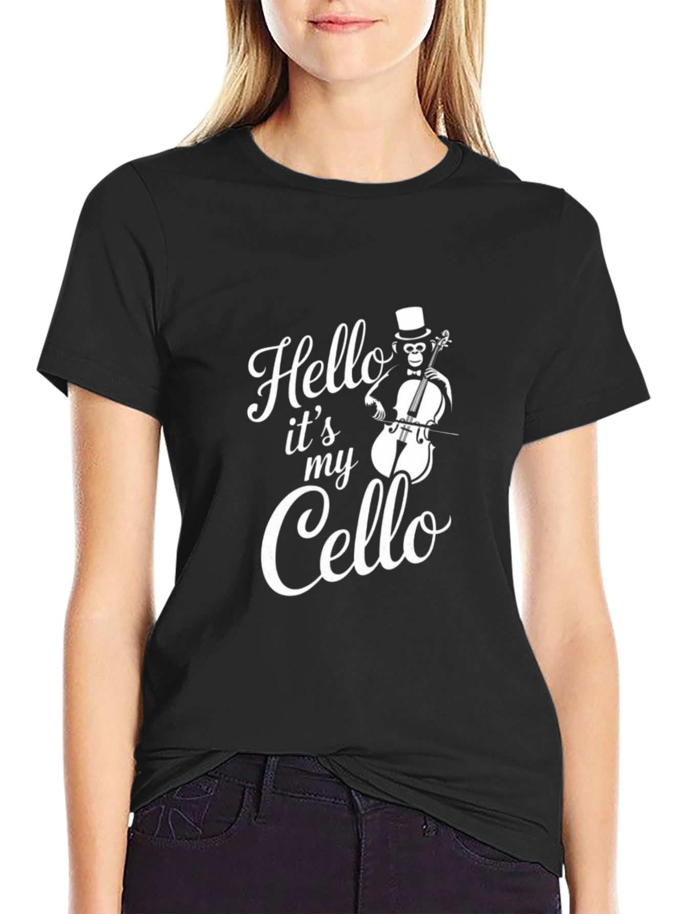 Camiseta Negra Hello Its My Cello con Mono Músico