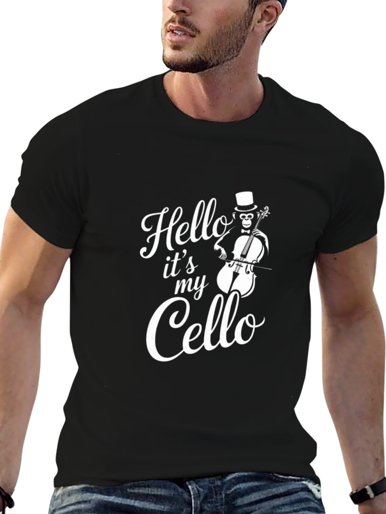 Camiseta Negra Hello Its My Cello con Mono Músico