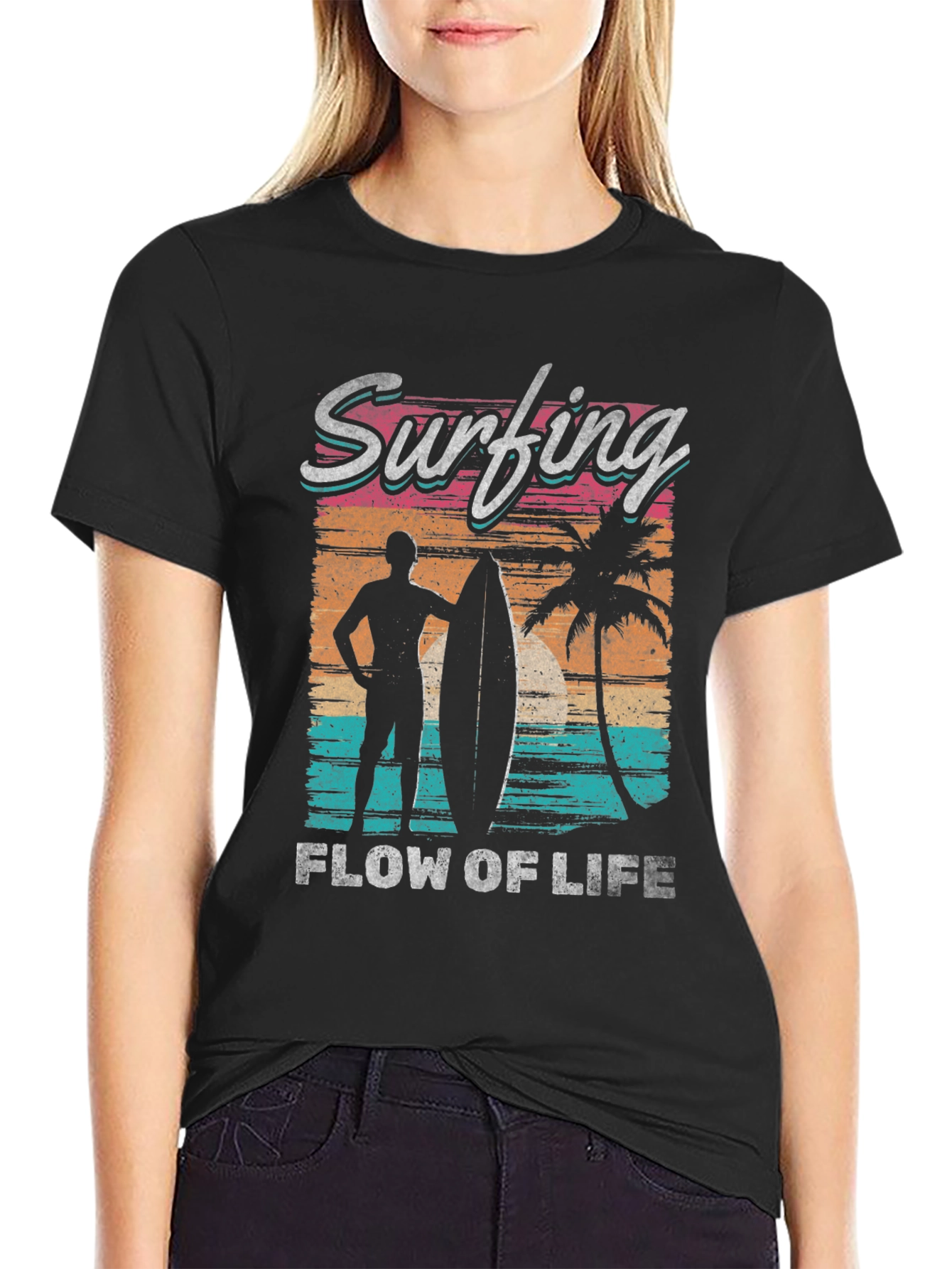 Camiseta Negra Estampada Surf Life