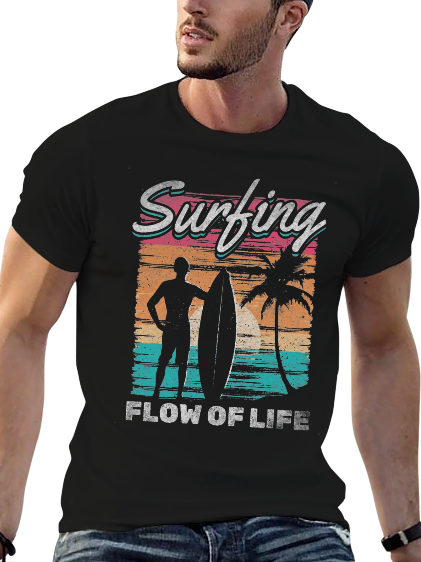 Camiseta Negra Estampada Surf Life