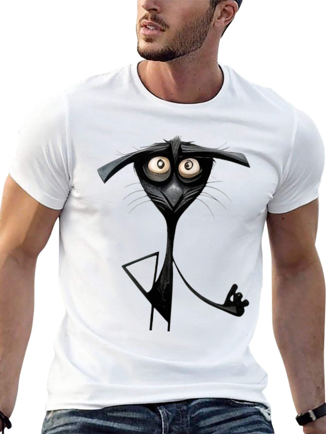 Camiseta Negra con Diseño de Gato Animado