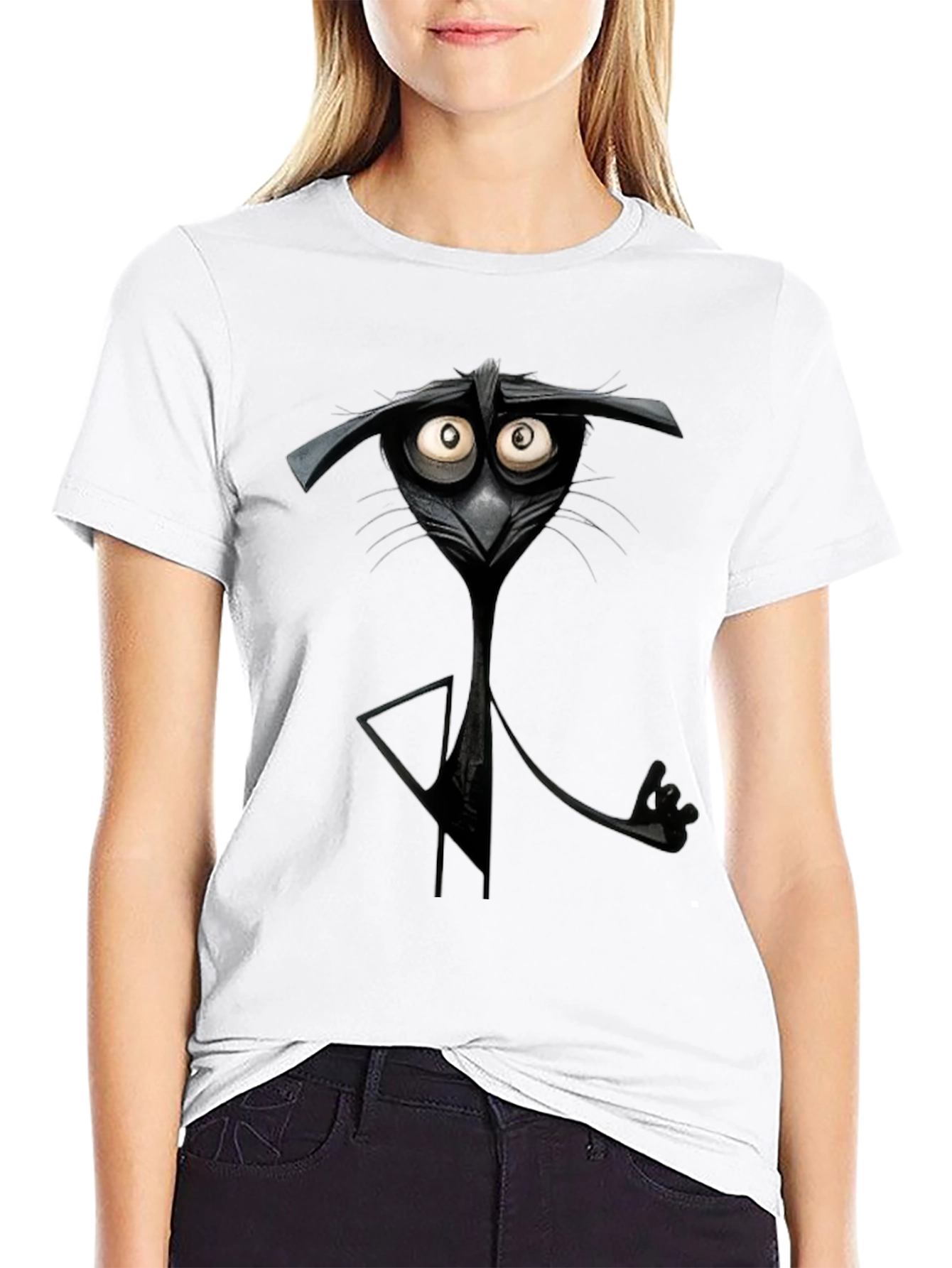 Camiseta Negra con Diseño de Gato Animado