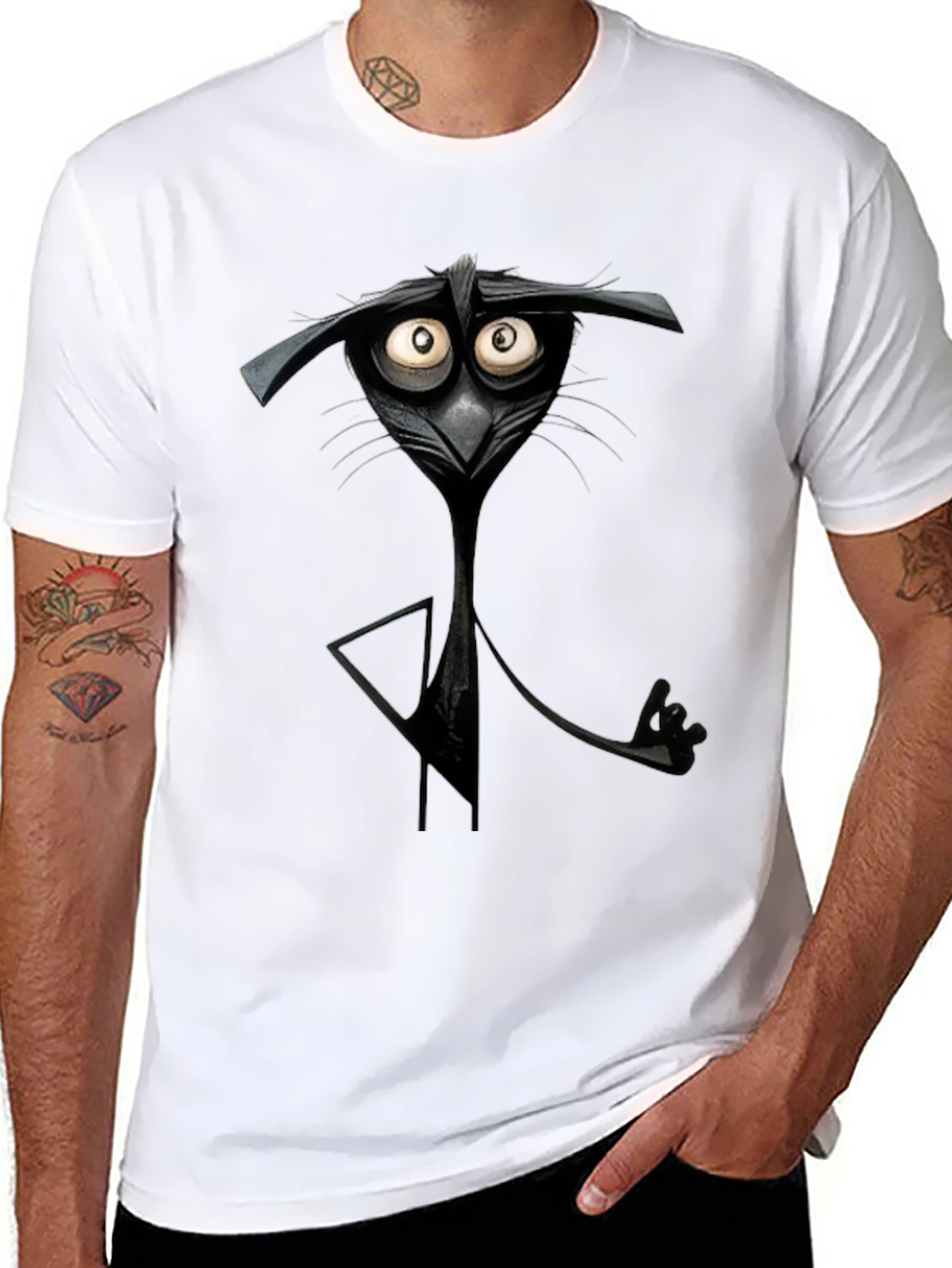 Camiseta Negra con Diseño de Gato Animado