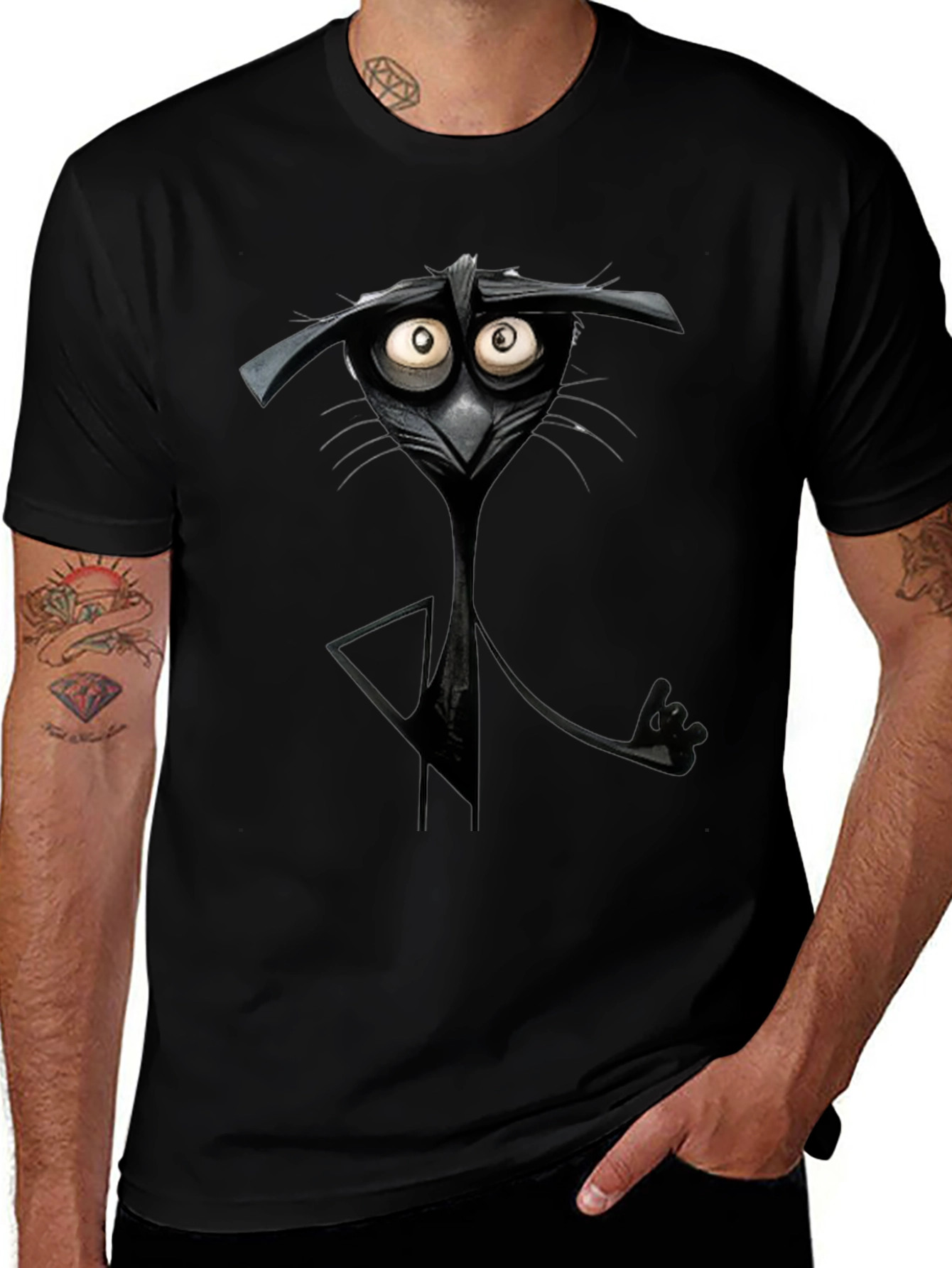 Camiseta Negra con Diseño de Gato Animado