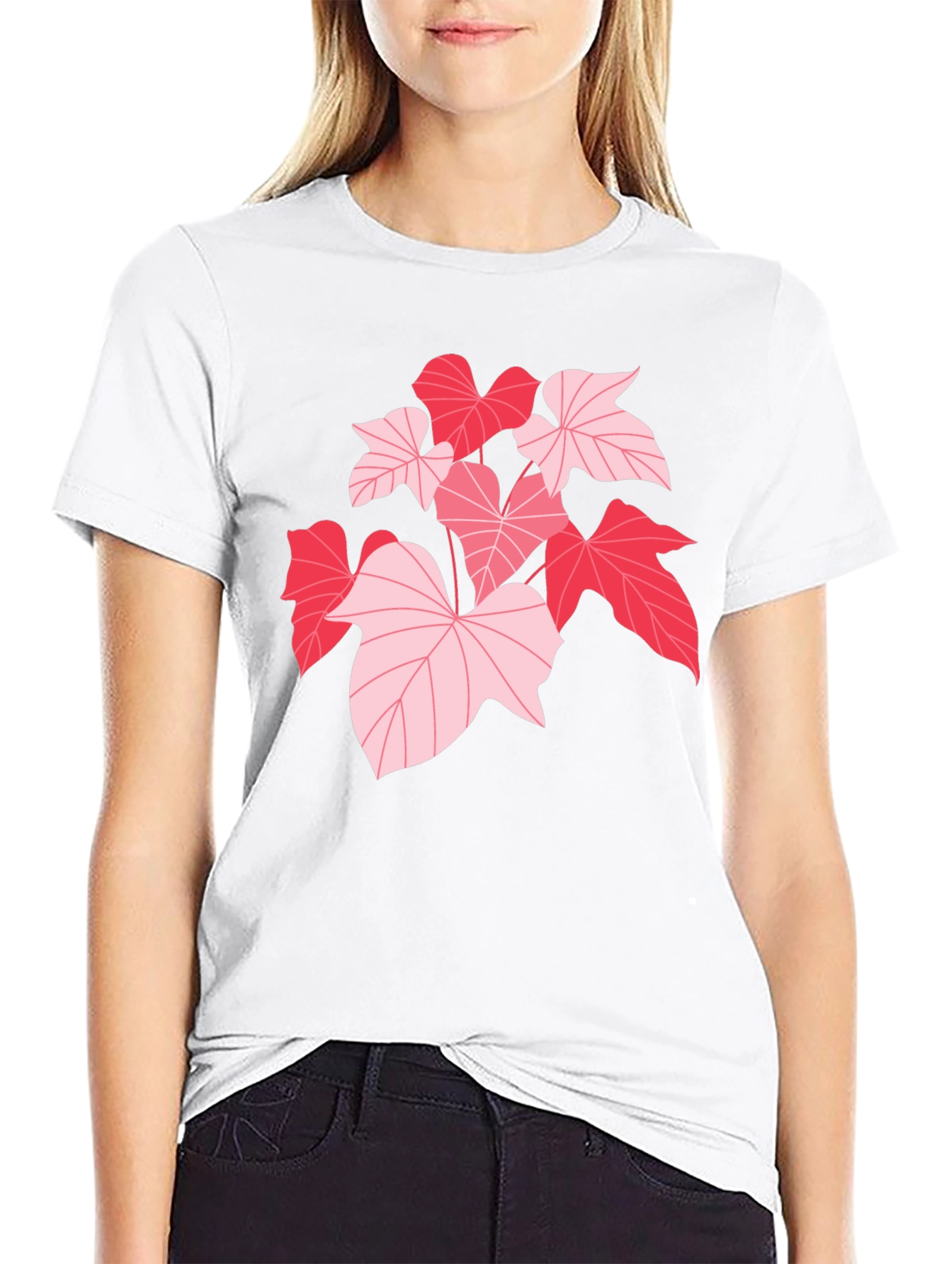 Camiseta Negra con Hojas Rosadas