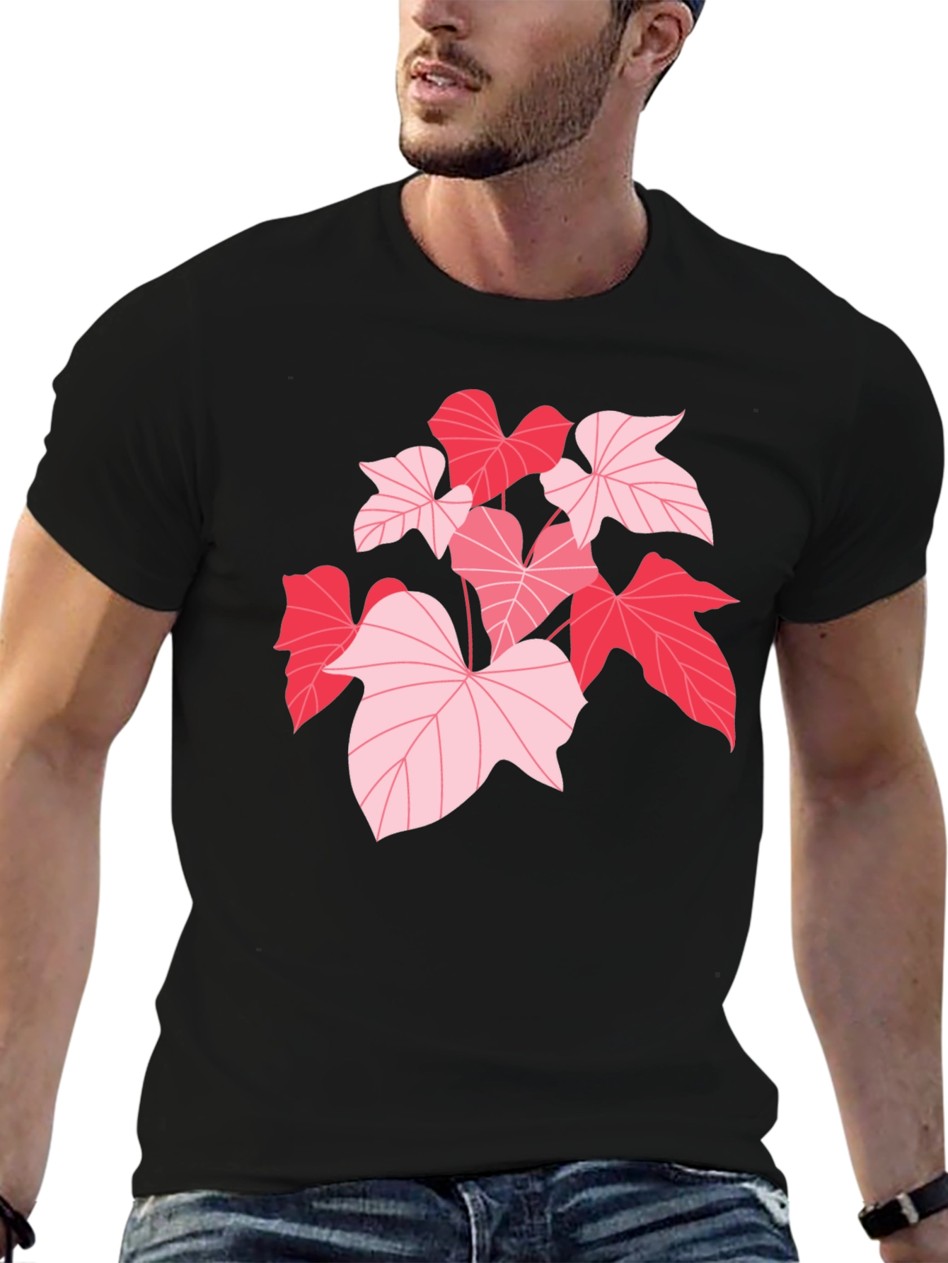 Camiseta Negra con Hojas Rosadas
