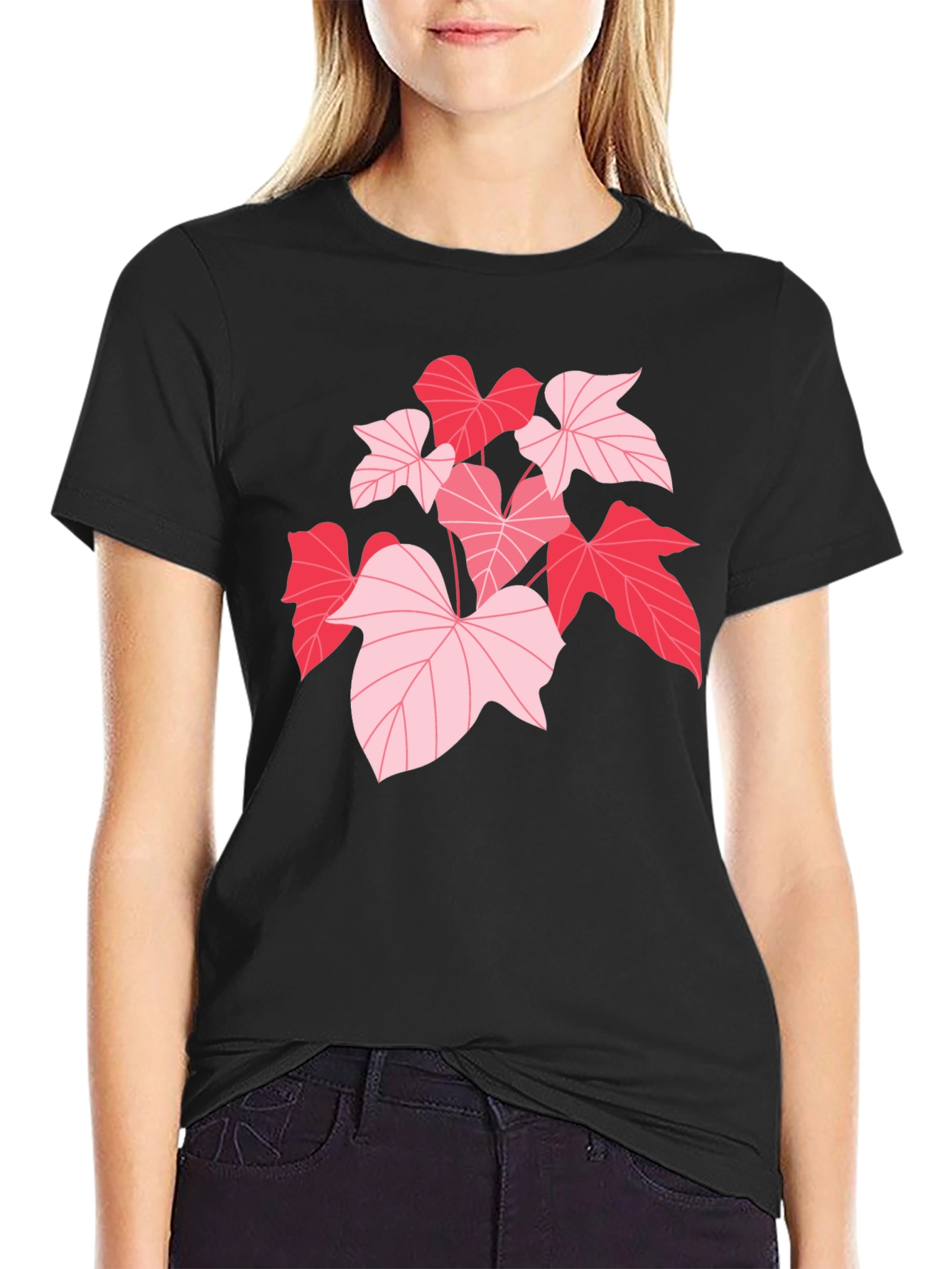 Camiseta Negra con Hojas Rosadas