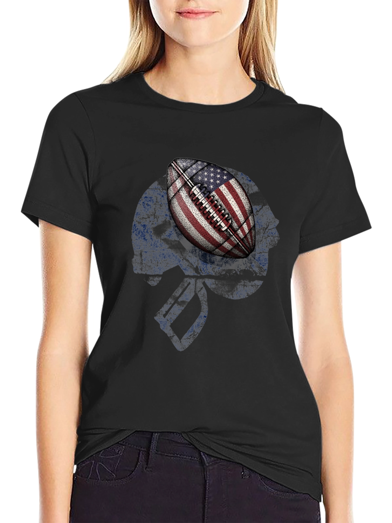 Camiseta Negra con Diseño de Fútbol Americano USA