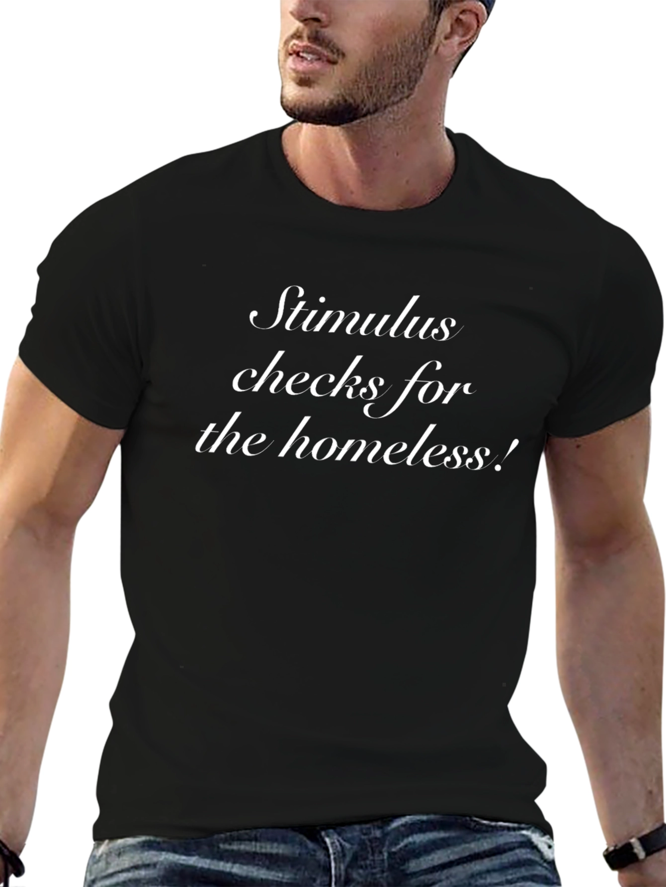 Camiseta Hombre Negra Cheques Estímulo para los Sin Techo