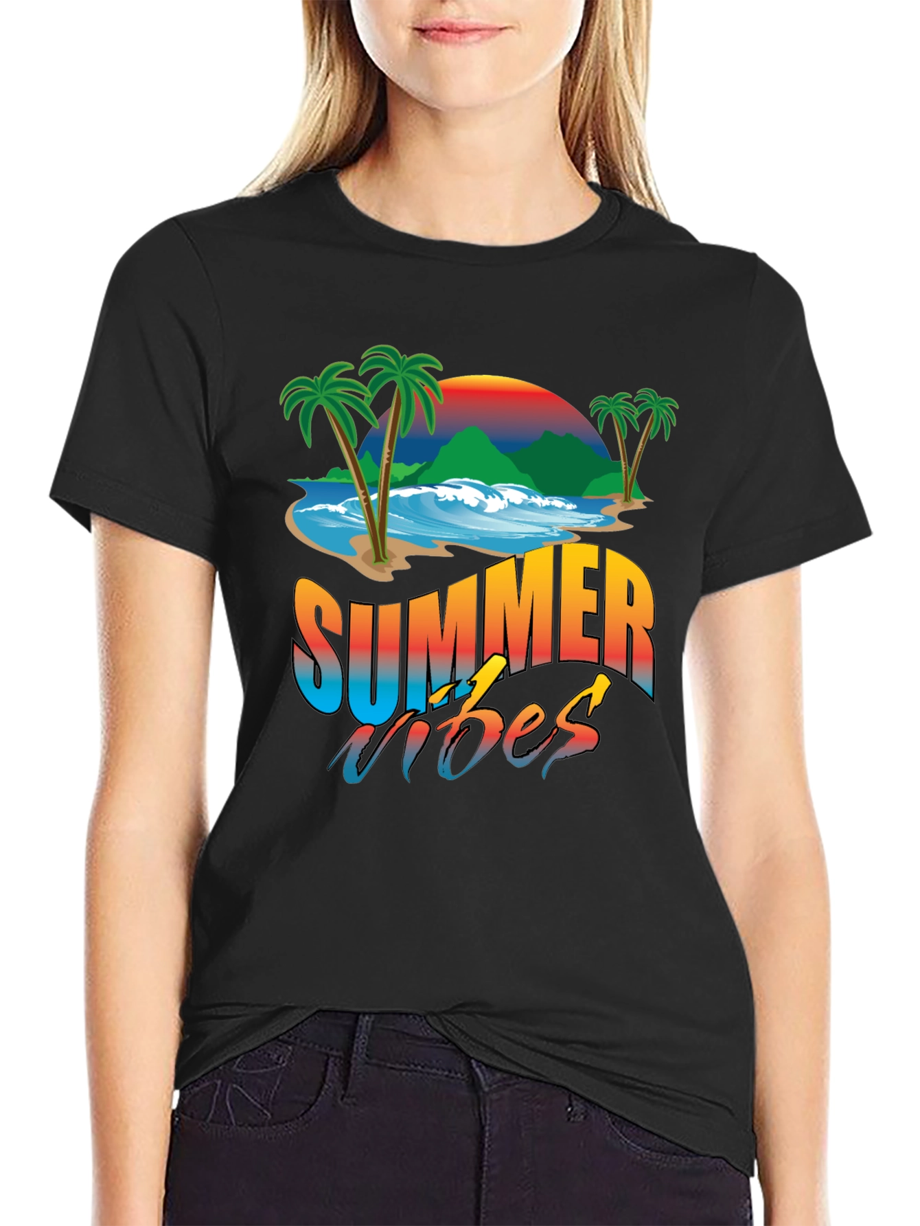 Camiseta Negra Estampada Summer Vibes