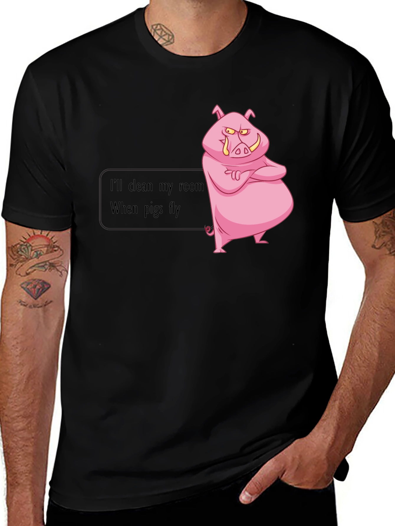 Camiseta Negra con Diseño Divertido de Cerdo Enojado