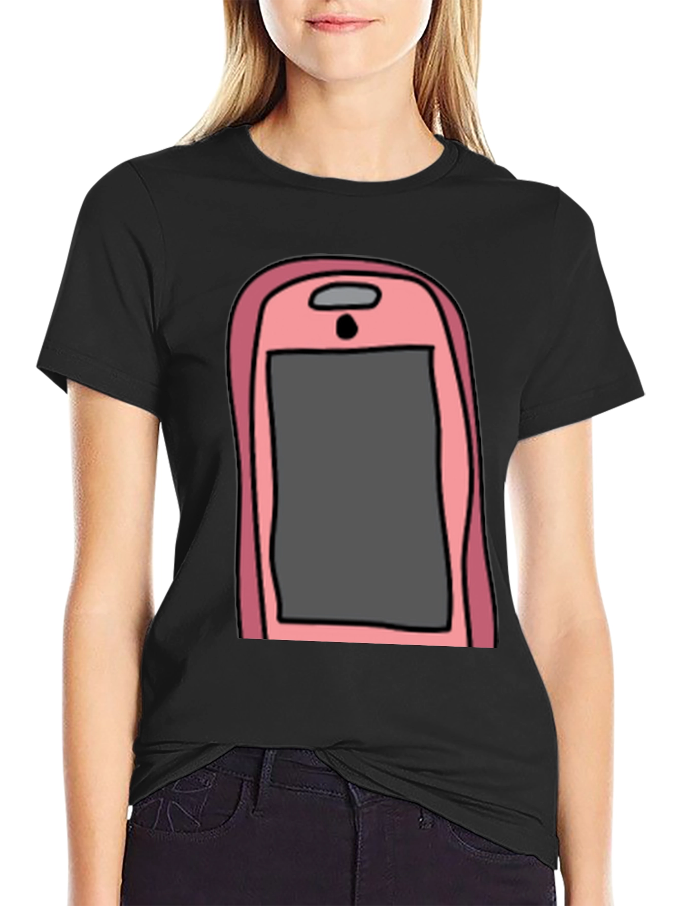 Camiseta Hombre Negra con Diseño de Teléfono Rosa