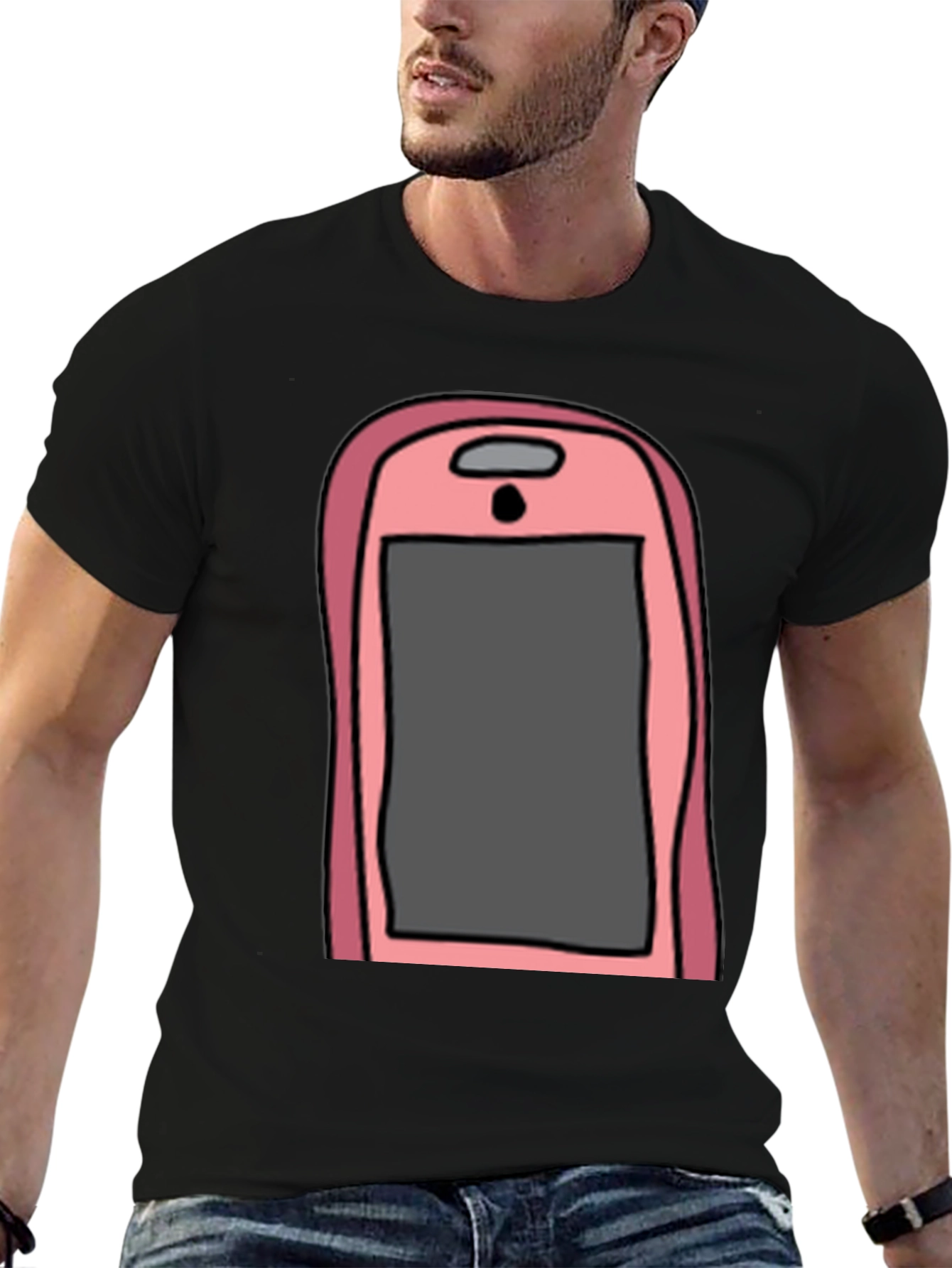 Camiseta Hombre Negra con Diseño de Teléfono Rosa