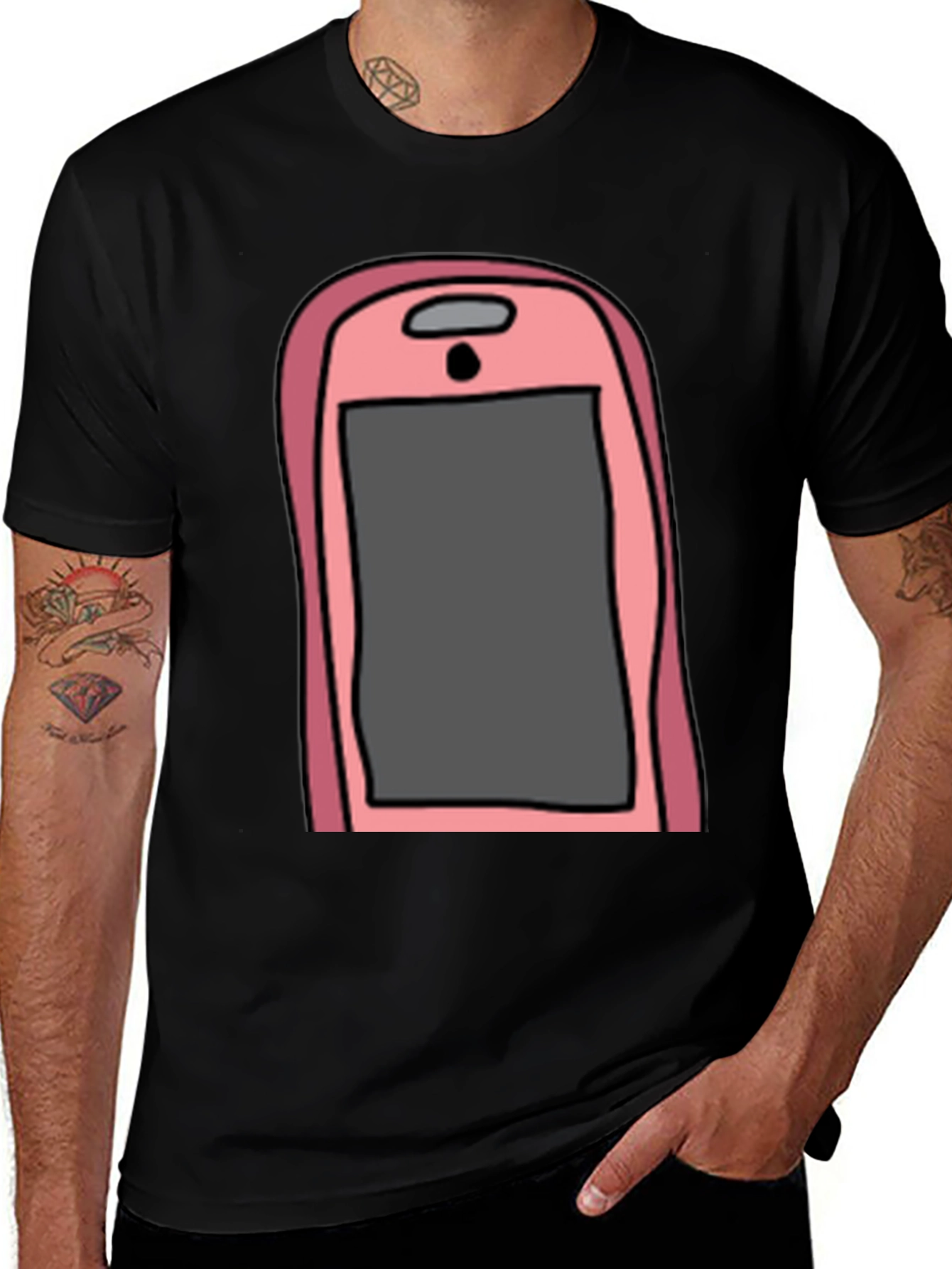 Camiseta Hombre Negra con Diseño de Teléfono Rosa