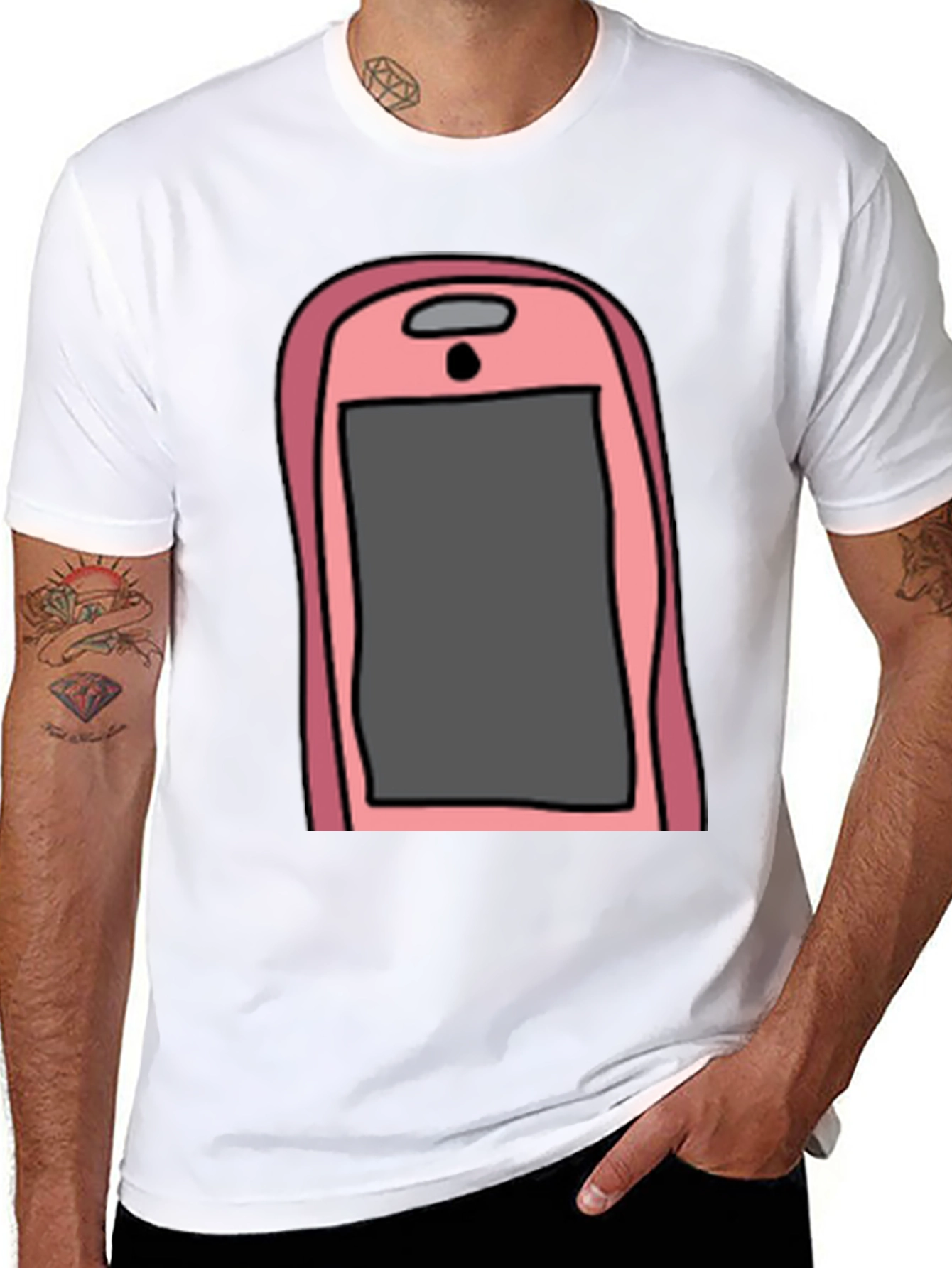 Camiseta Hombre Negra con Diseño de Teléfono Rosa