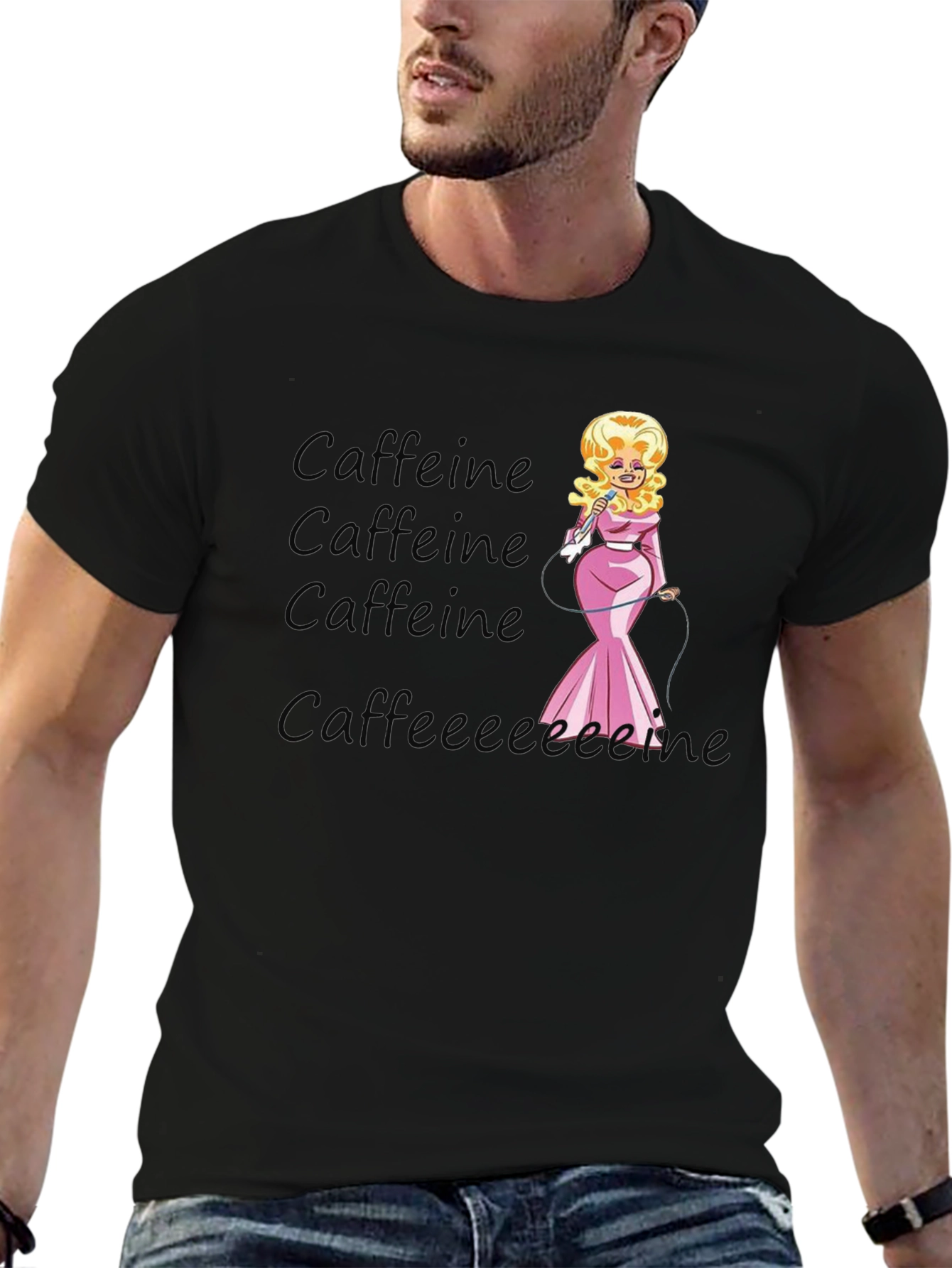 Camiseta Negra de Café con Diseño Dolly Parton