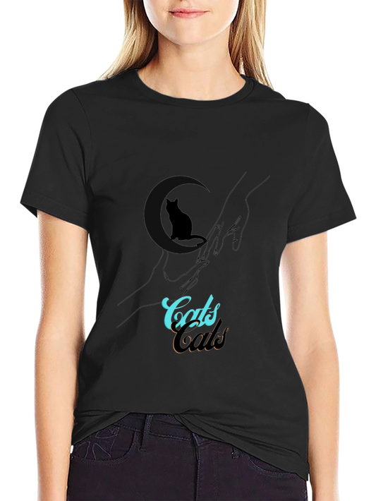 Camiseta Negra con Diseño de Gato y Texto Cats