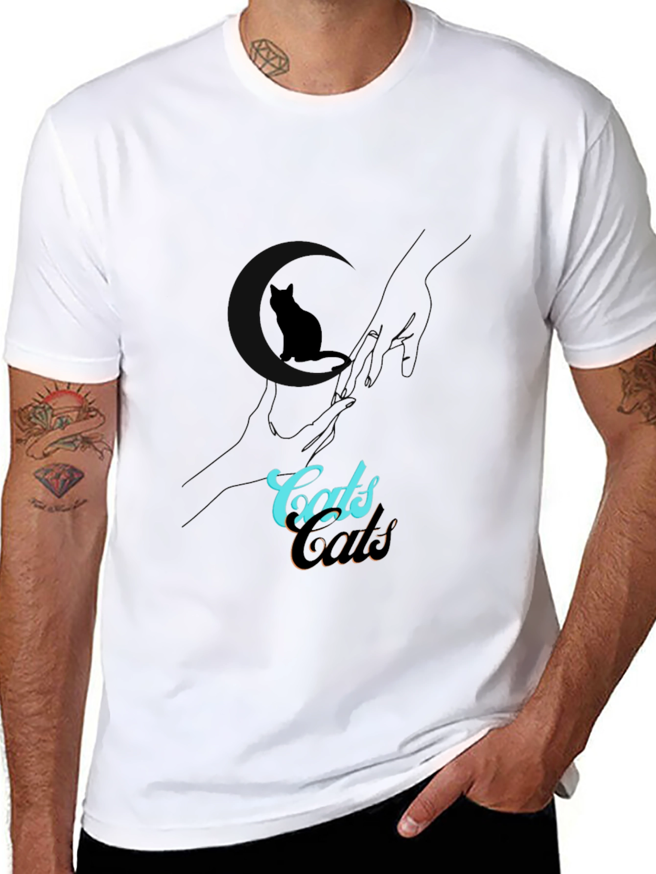 Camiseta Negra con Diseño de Gato y Texto Cats
