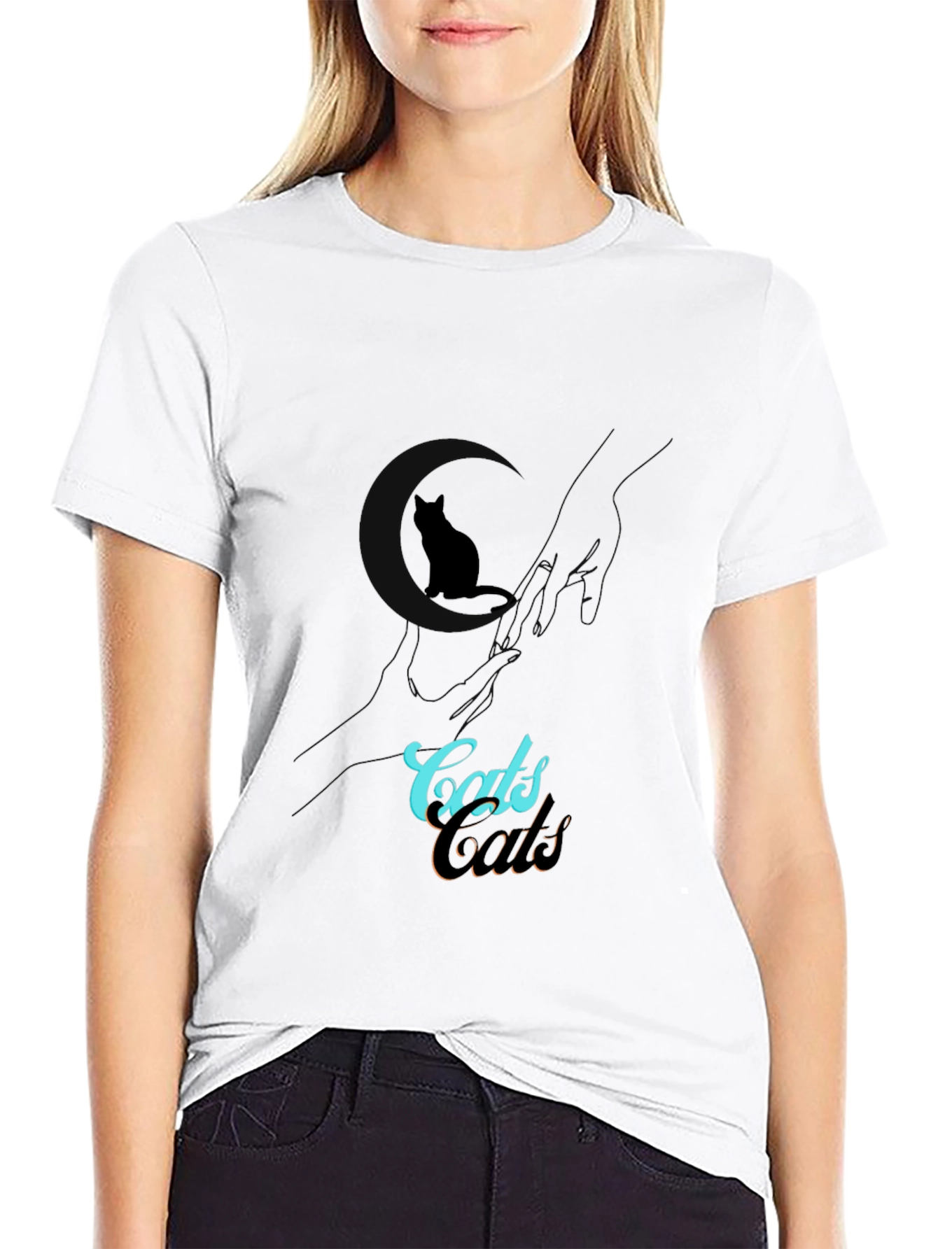 Camiseta Negra con Diseño de Gato y Texto Cats