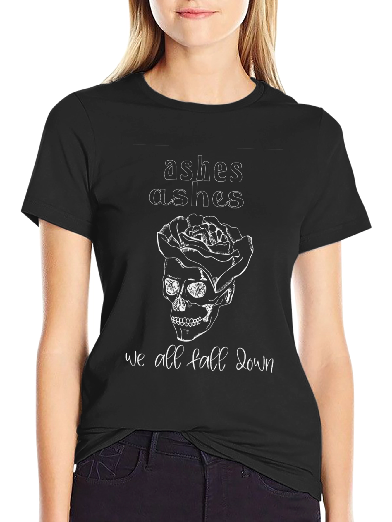 Camiseta Negra con Estampado de Calavera y Rosas