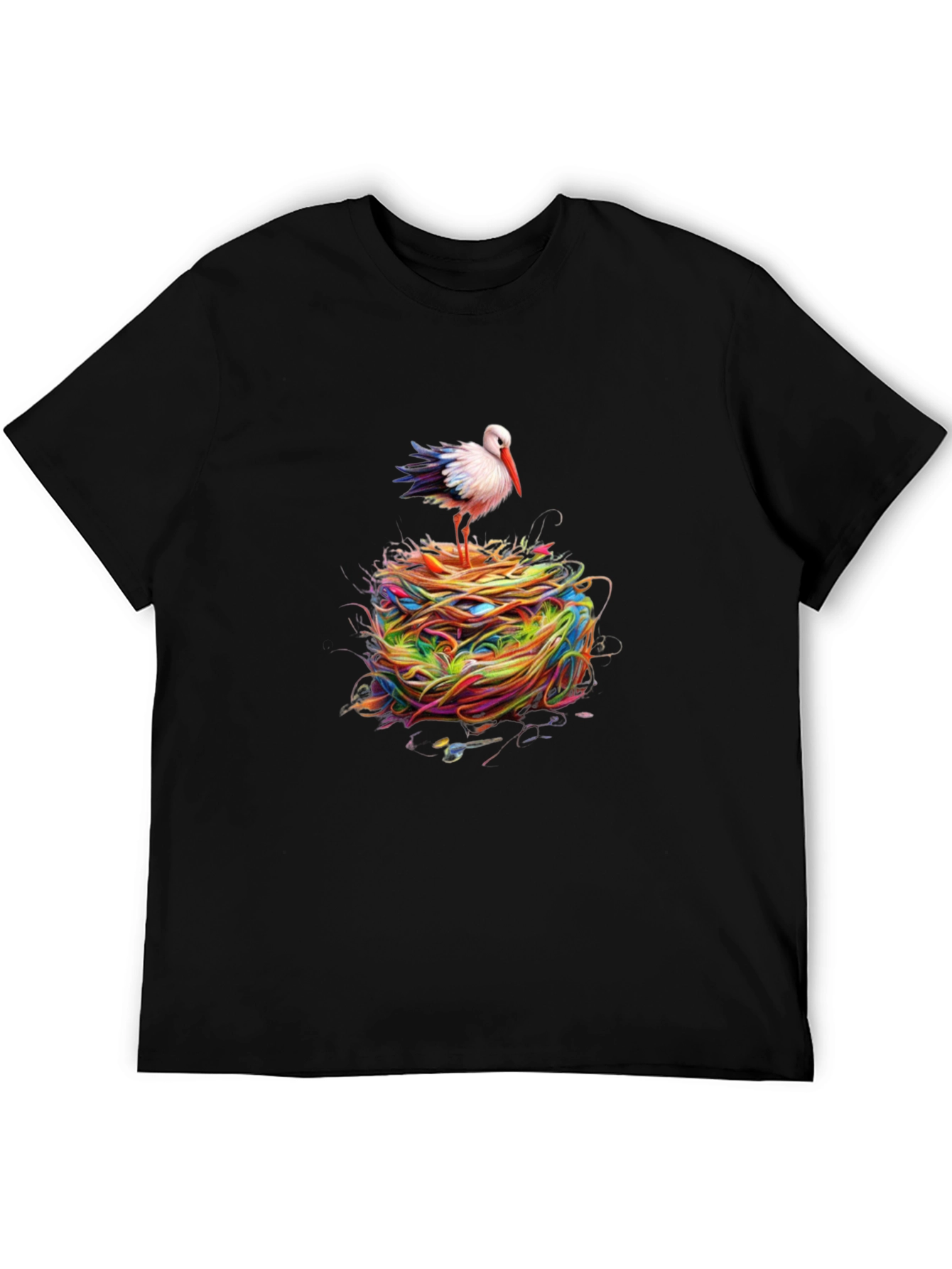 Camiseta Negra con Diseño de Cigüeña Abstracta