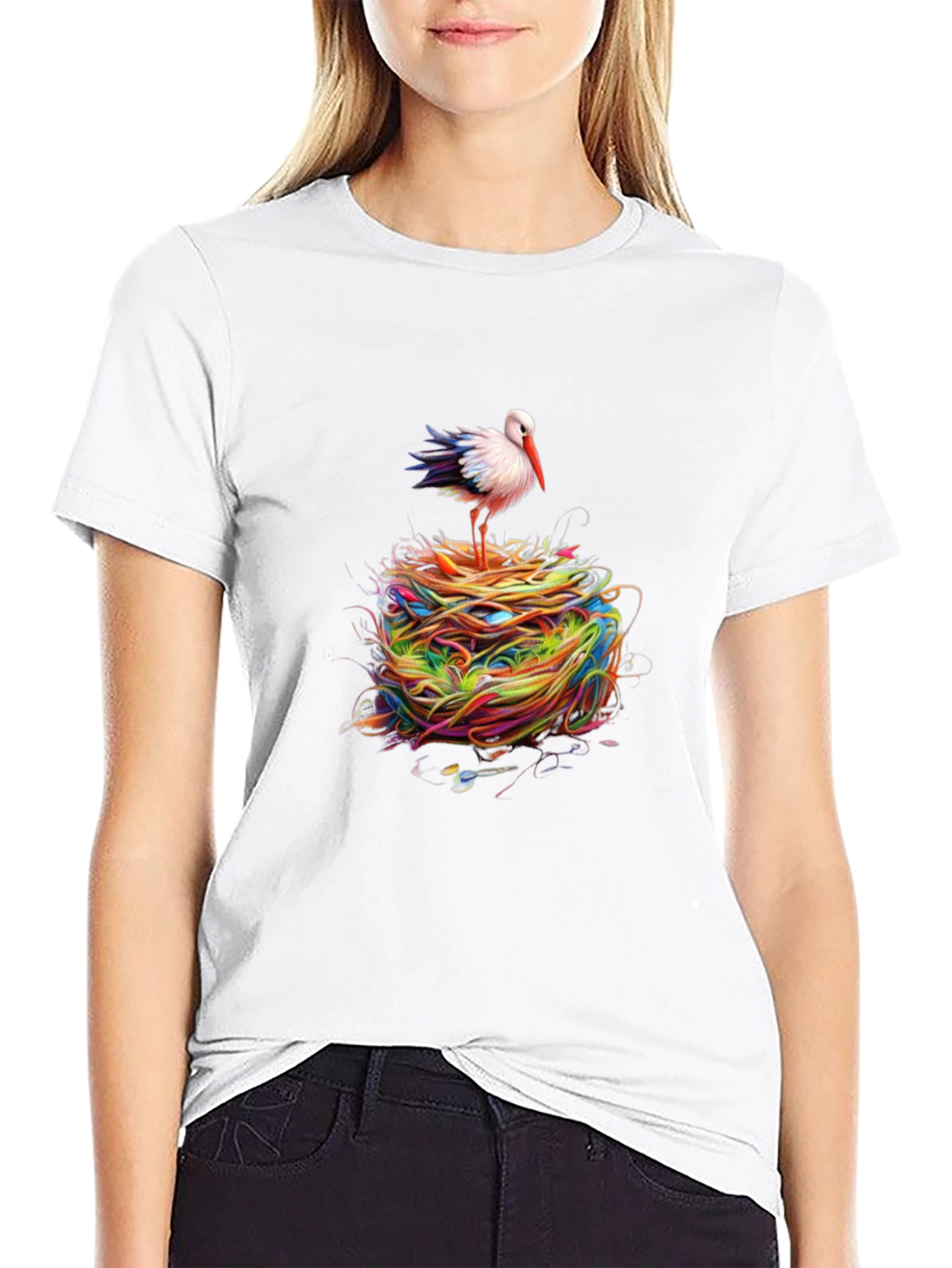 Camiseta Negra con Diseño de Cigüeña Abstracta