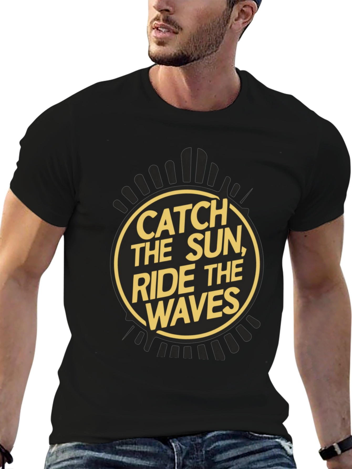 Camiseta Negra Estampada Catch the Sun Ride the Waves