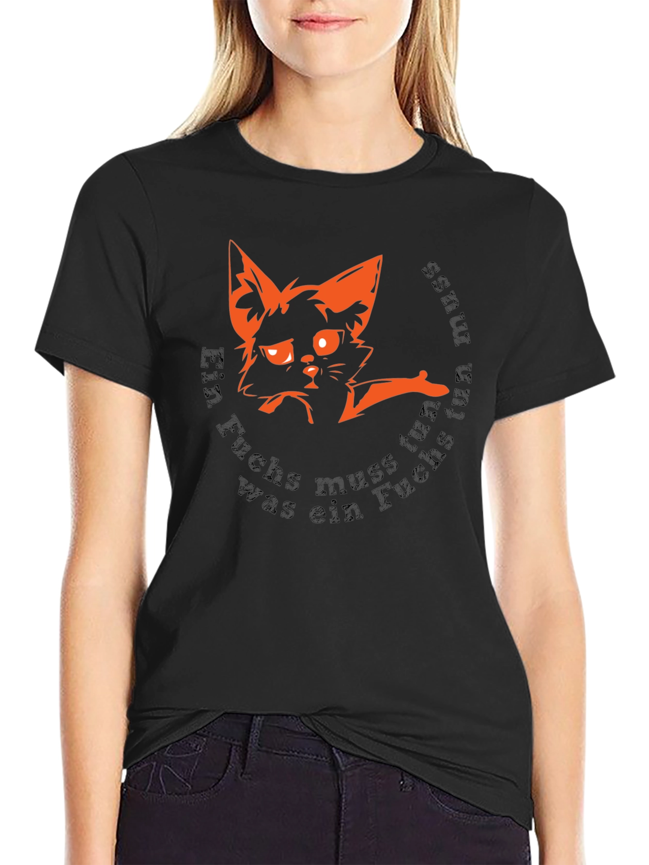 Camiseta Negra con Diseño de Zorro Naranja