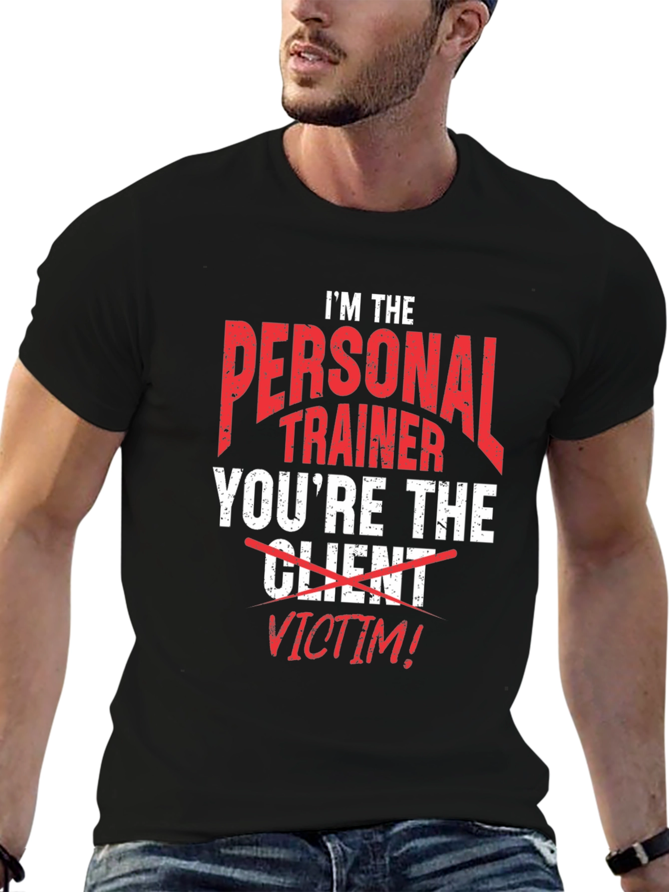 Camiseta Negra Divertida: Entrenador Personal ¡Víctima!