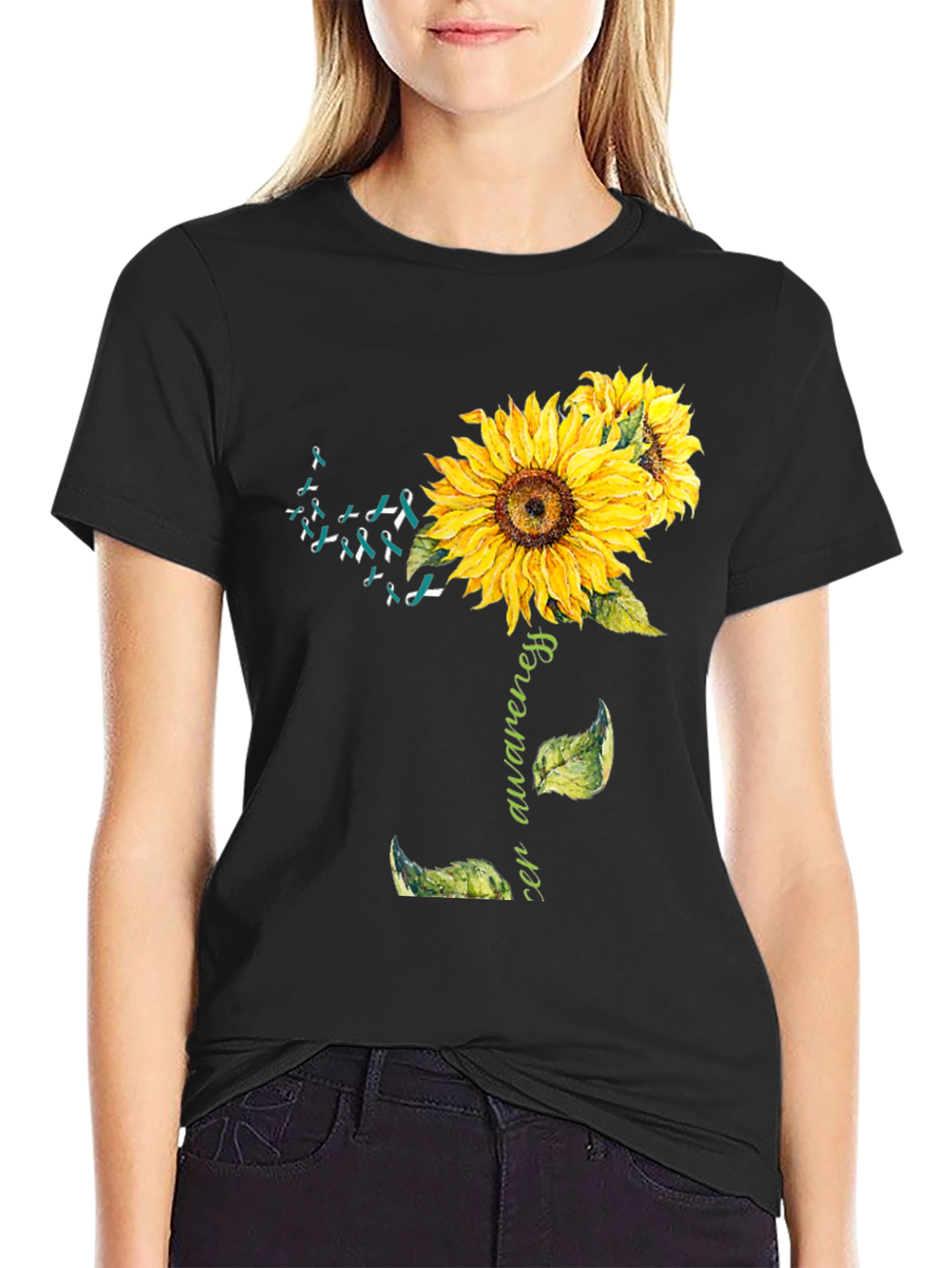 Camiseta Negra Girasol Conciencia Cáncer