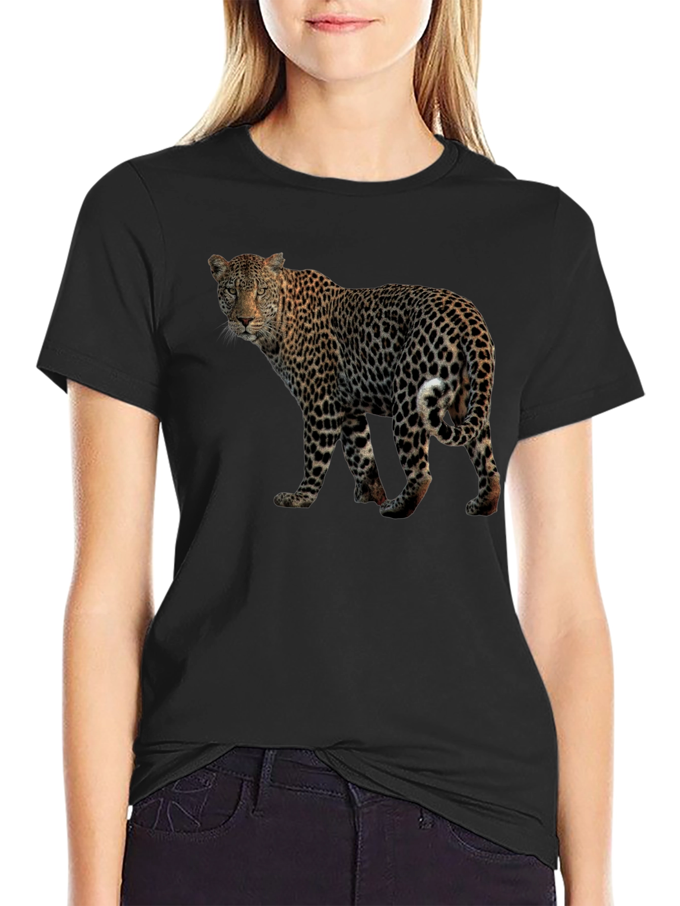 Camiseta Negra con Estampado de Leopardo