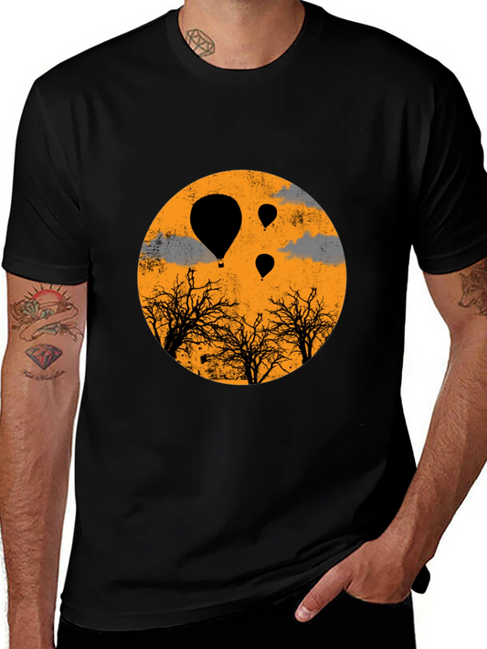 Camiseta Negra con Diseño de Globos Aerostáticos Naranja
