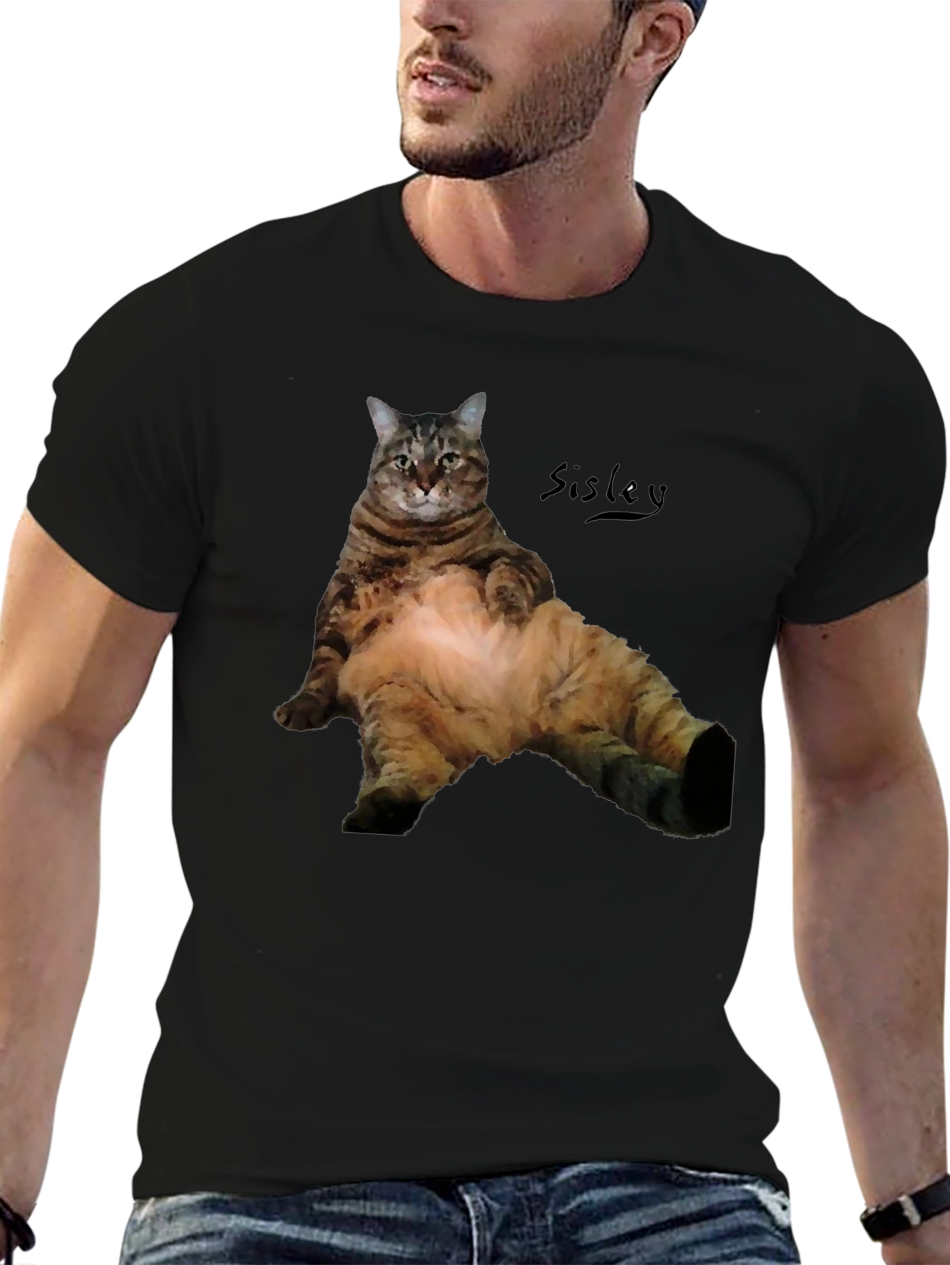 Camiseta Negra con Diseño de Gato Relajado