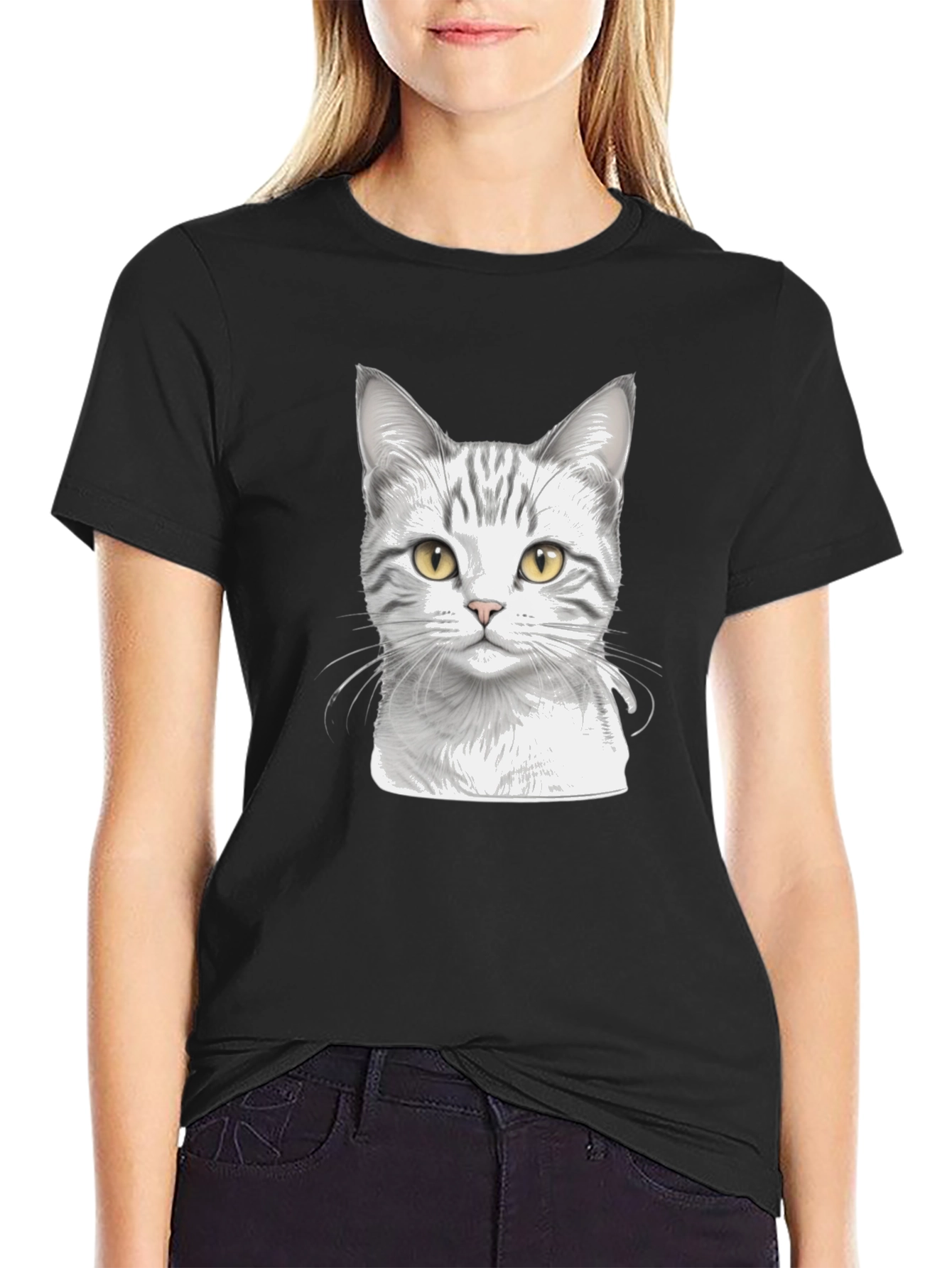 Camiseta Negra con Diseño de Gato Atigrado