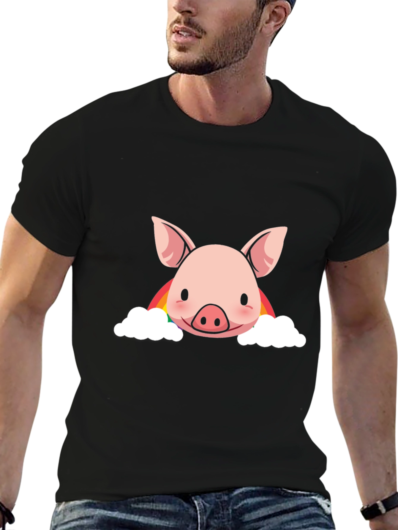 Camiseta Negra con Diseño de Cerdo Arcoíris