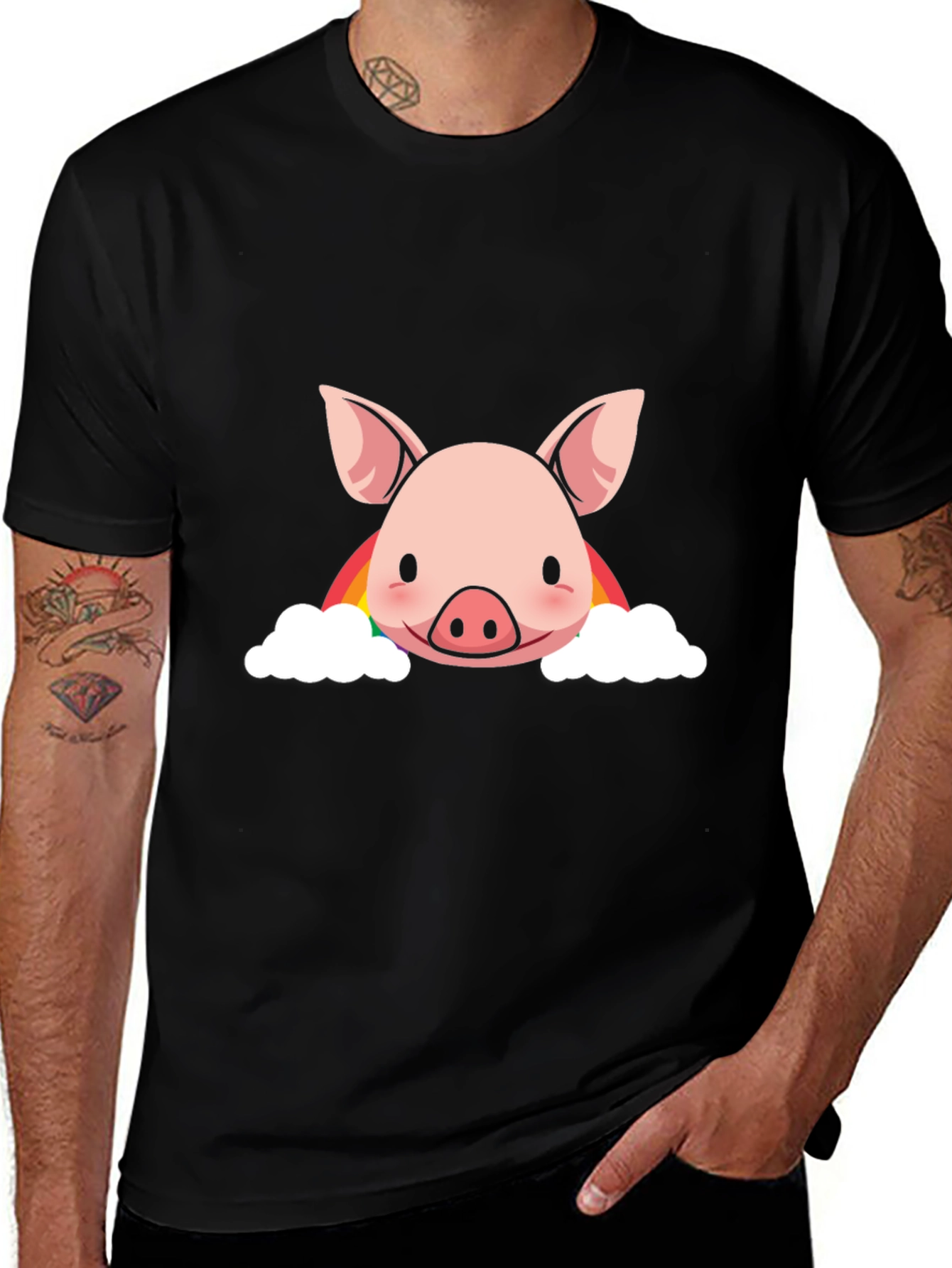 Camiseta Negra con Diseño de Cerdo Arcoíris