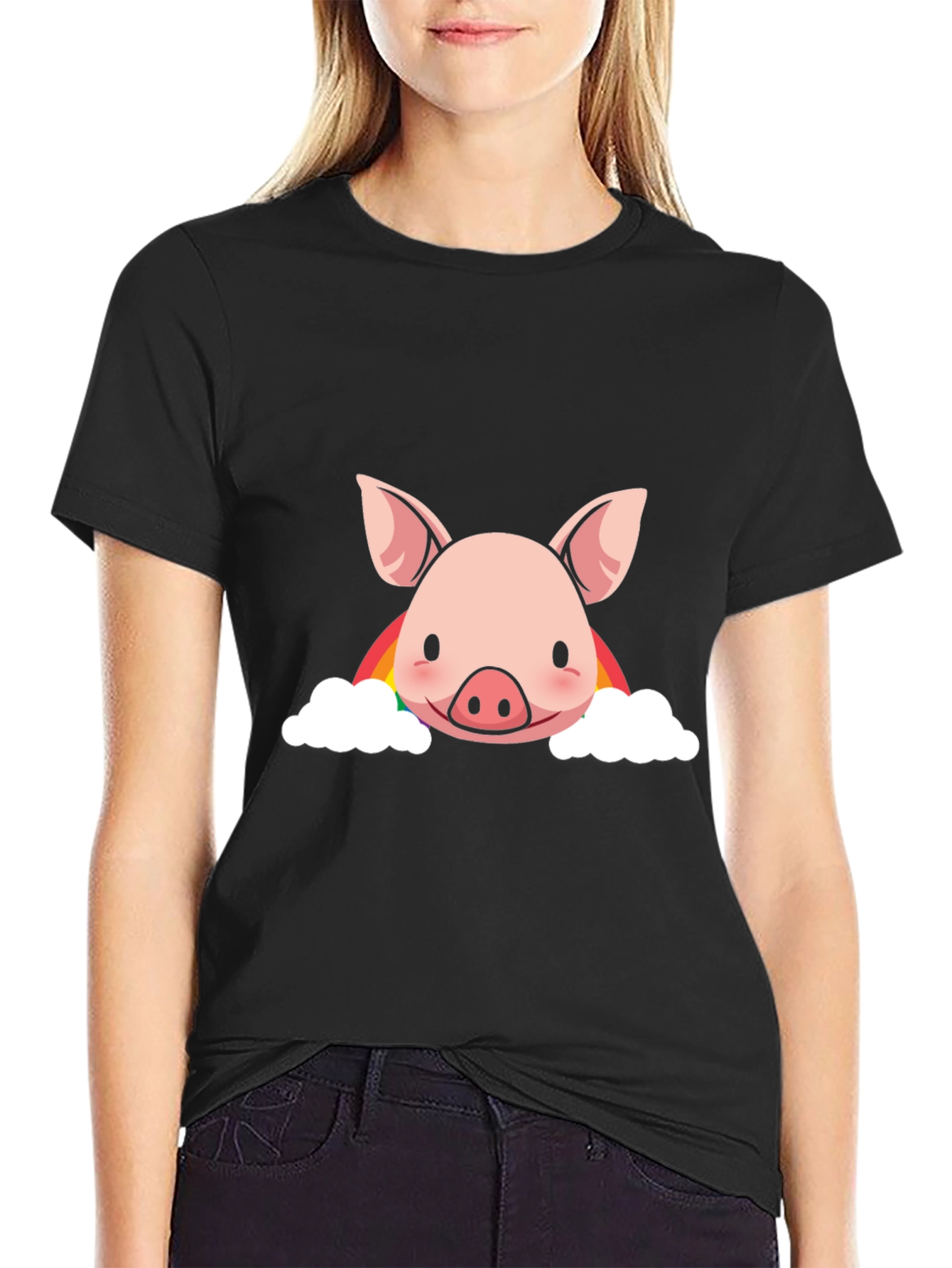Camiseta Negra con Diseño de Cerdo Arcoíris
