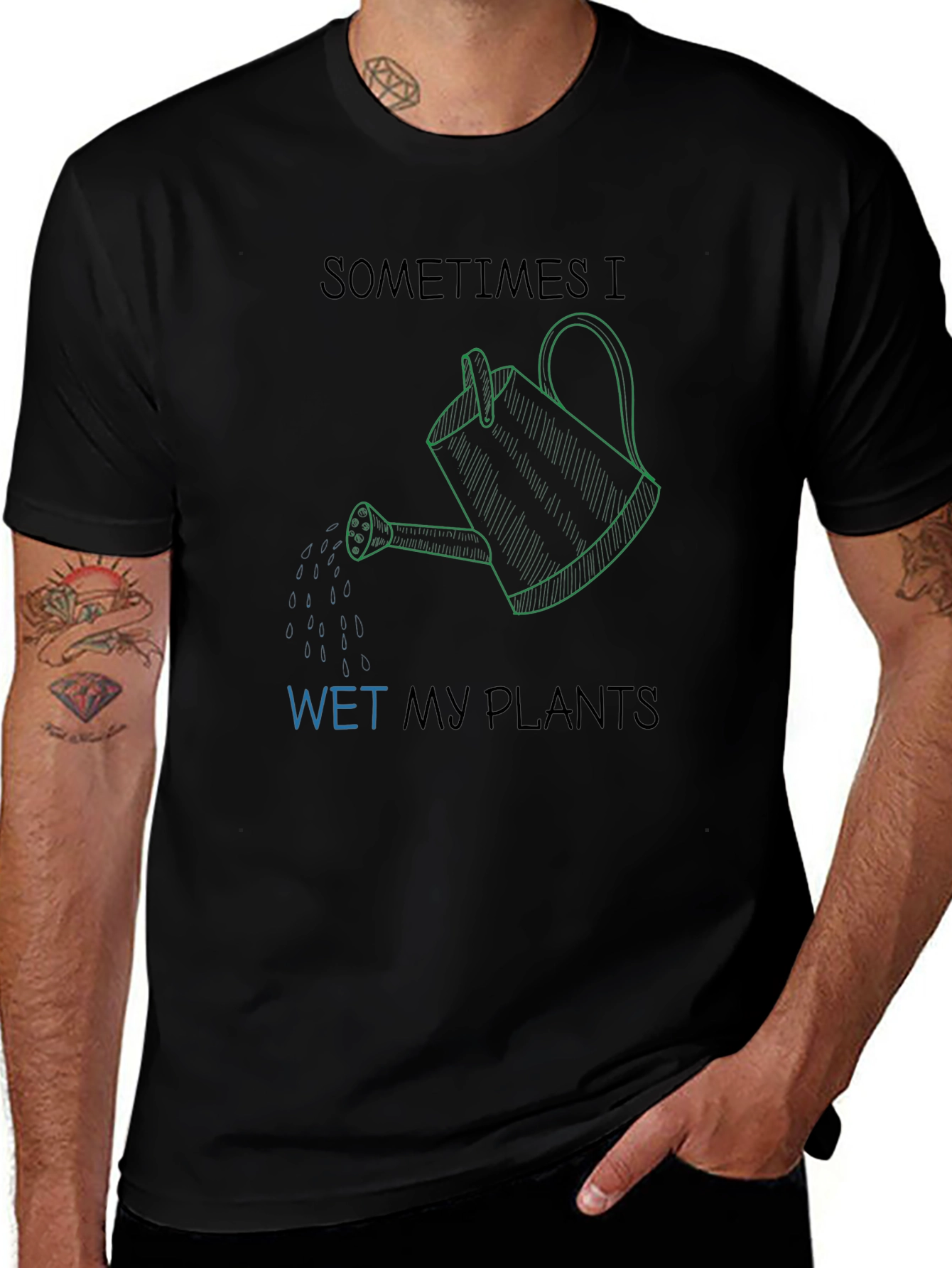 Camiseta Negra Humorístico Riego Mis Plantas