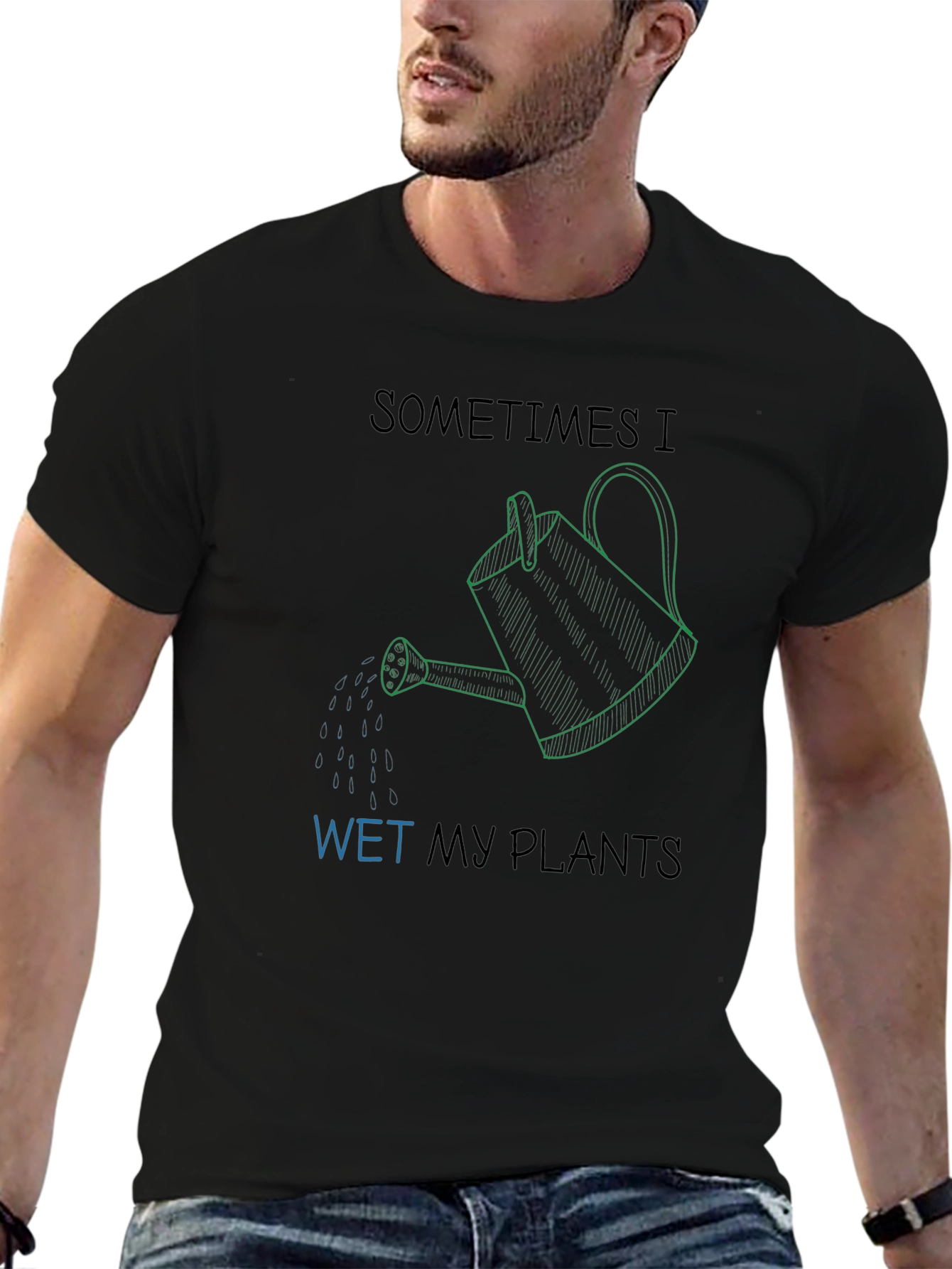 Camiseta Negra Humorístico Riego Mis Plantas