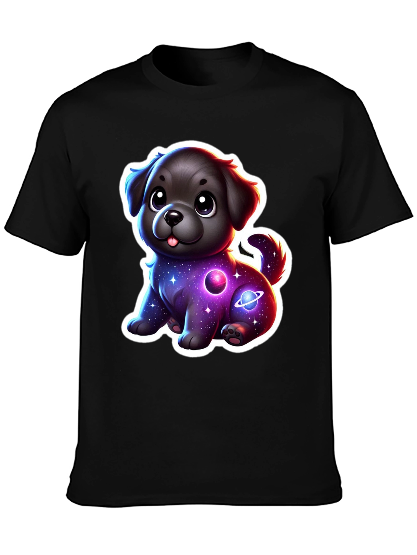 Camiseta Negra con Estampado de Perrito Espacial