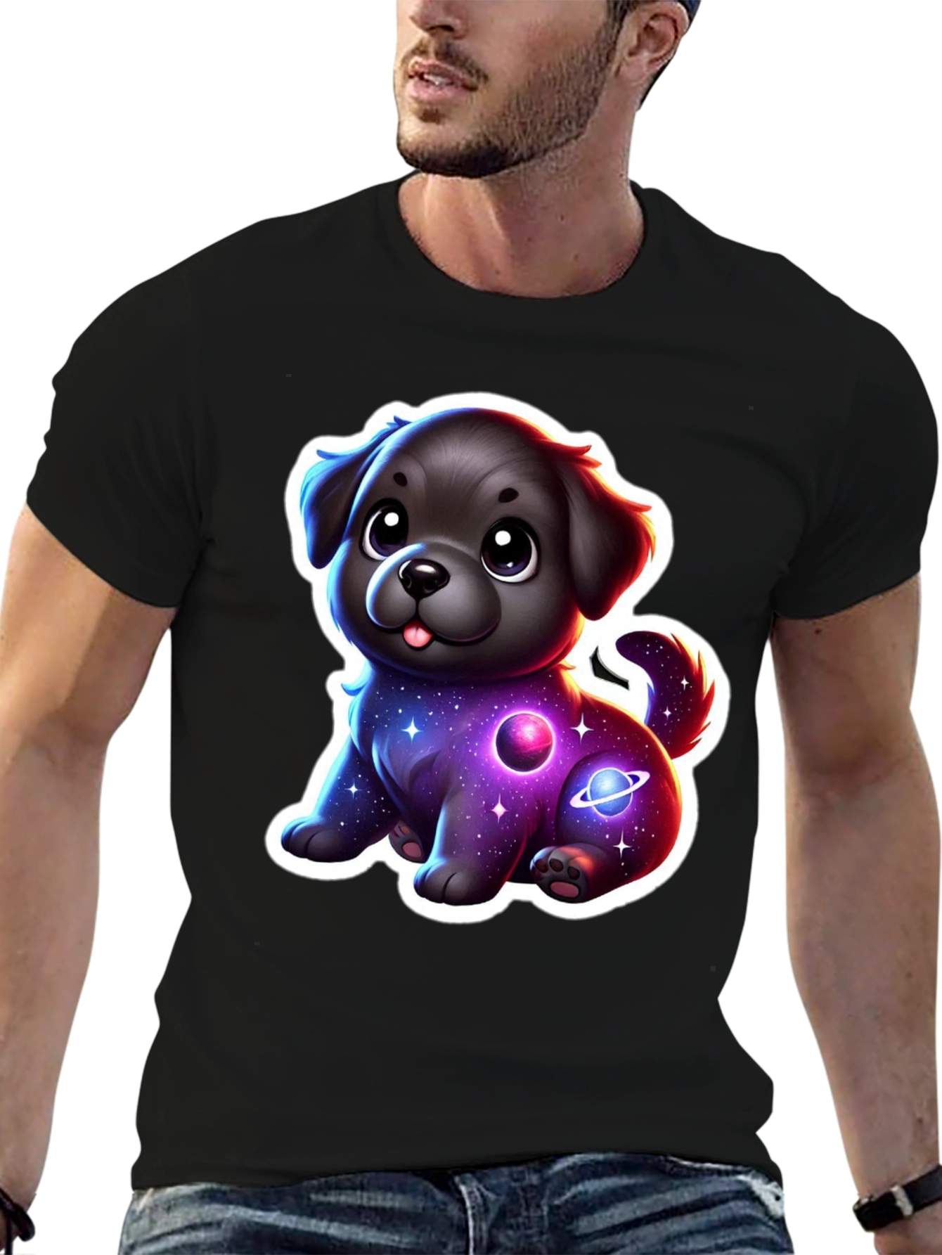 Camiseta Negra con Estampado de Perrito Espacial