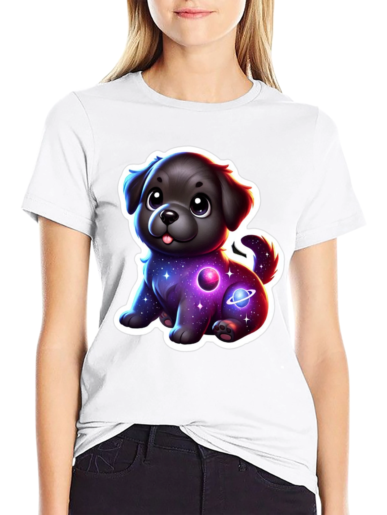 Camiseta Negra con Estampado de Perrito Espacial
