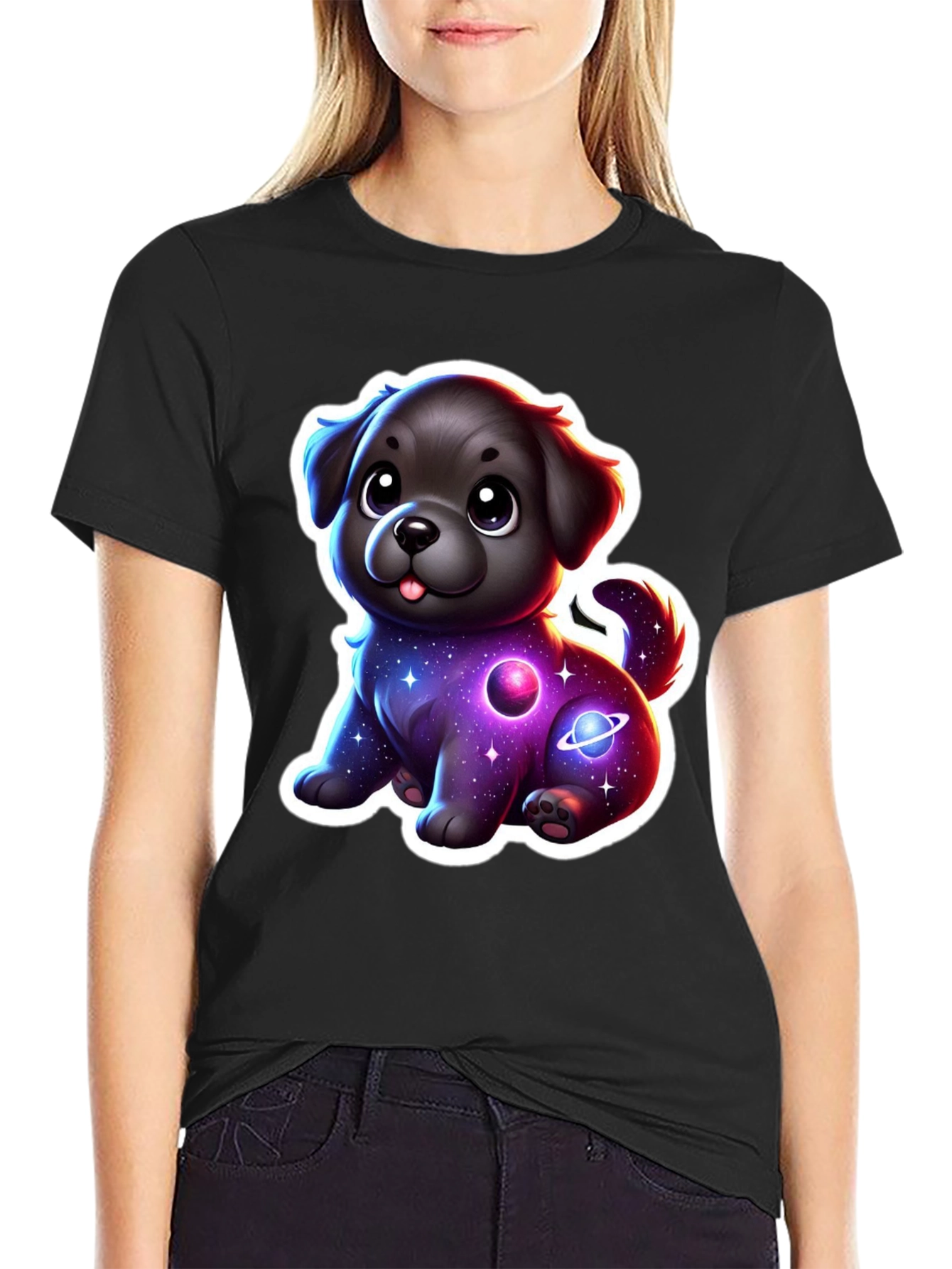 Camiseta Negra con Estampado de Perrito Espacial