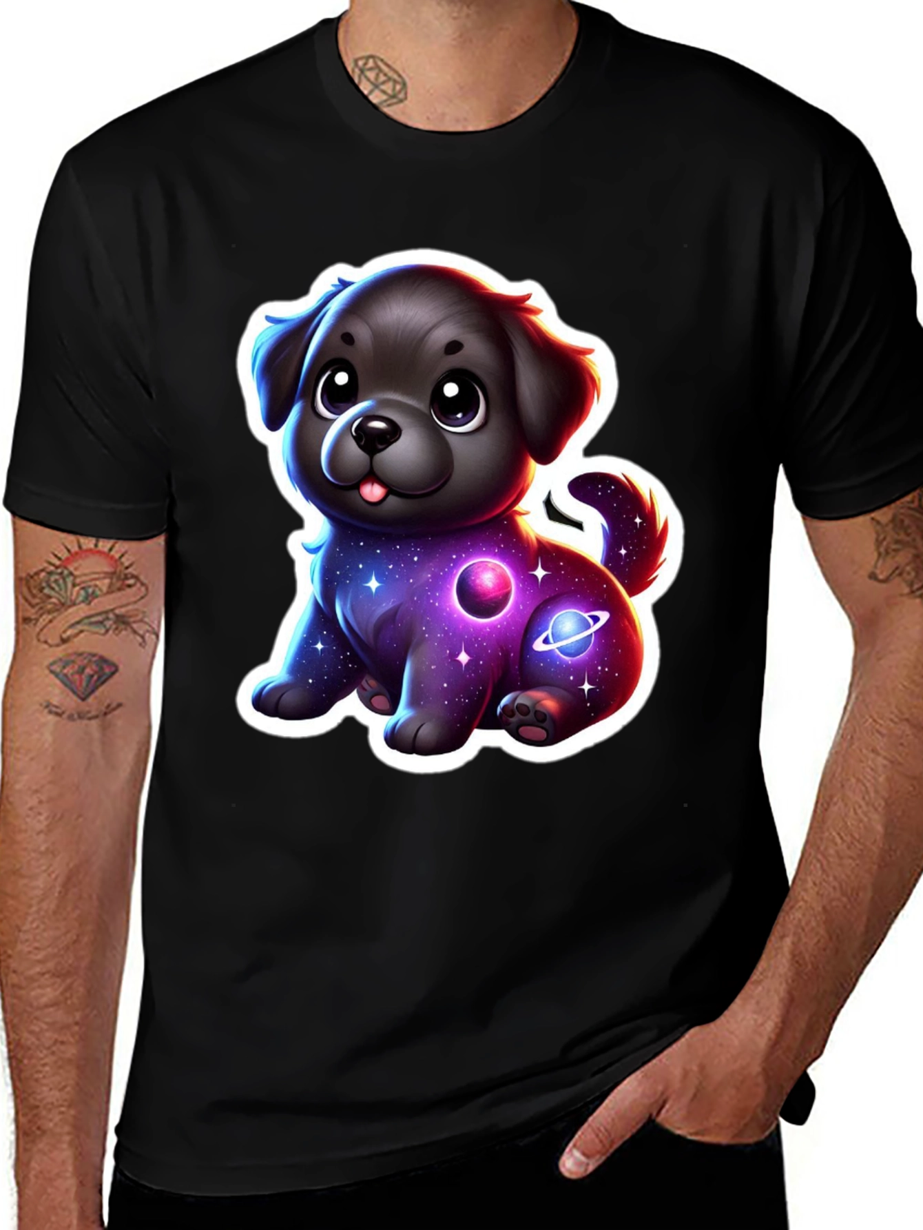 Camiseta Negra con Estampado de Perrito Espacial