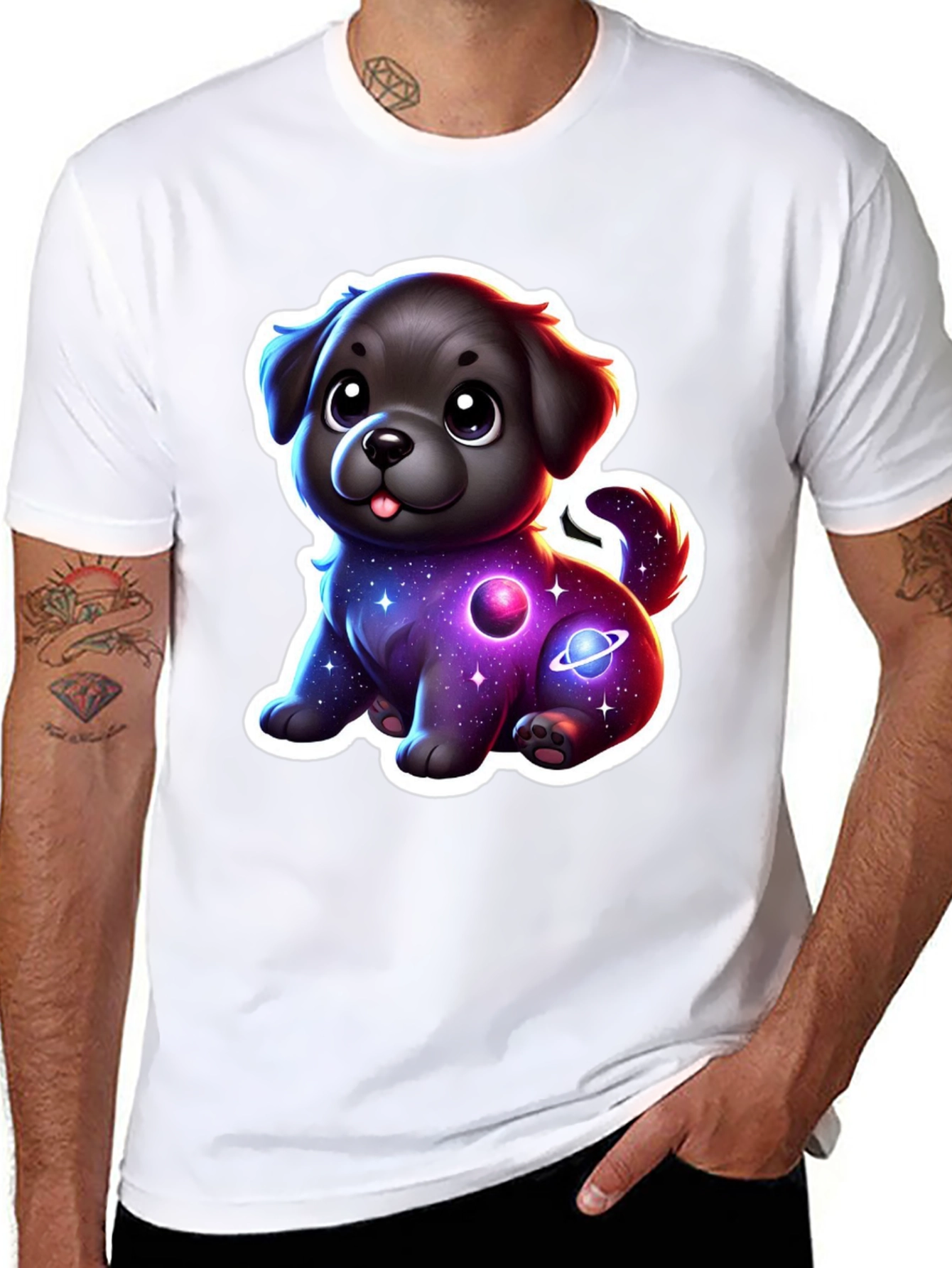 Camiseta Negra con Estampado de Perrito Espacial